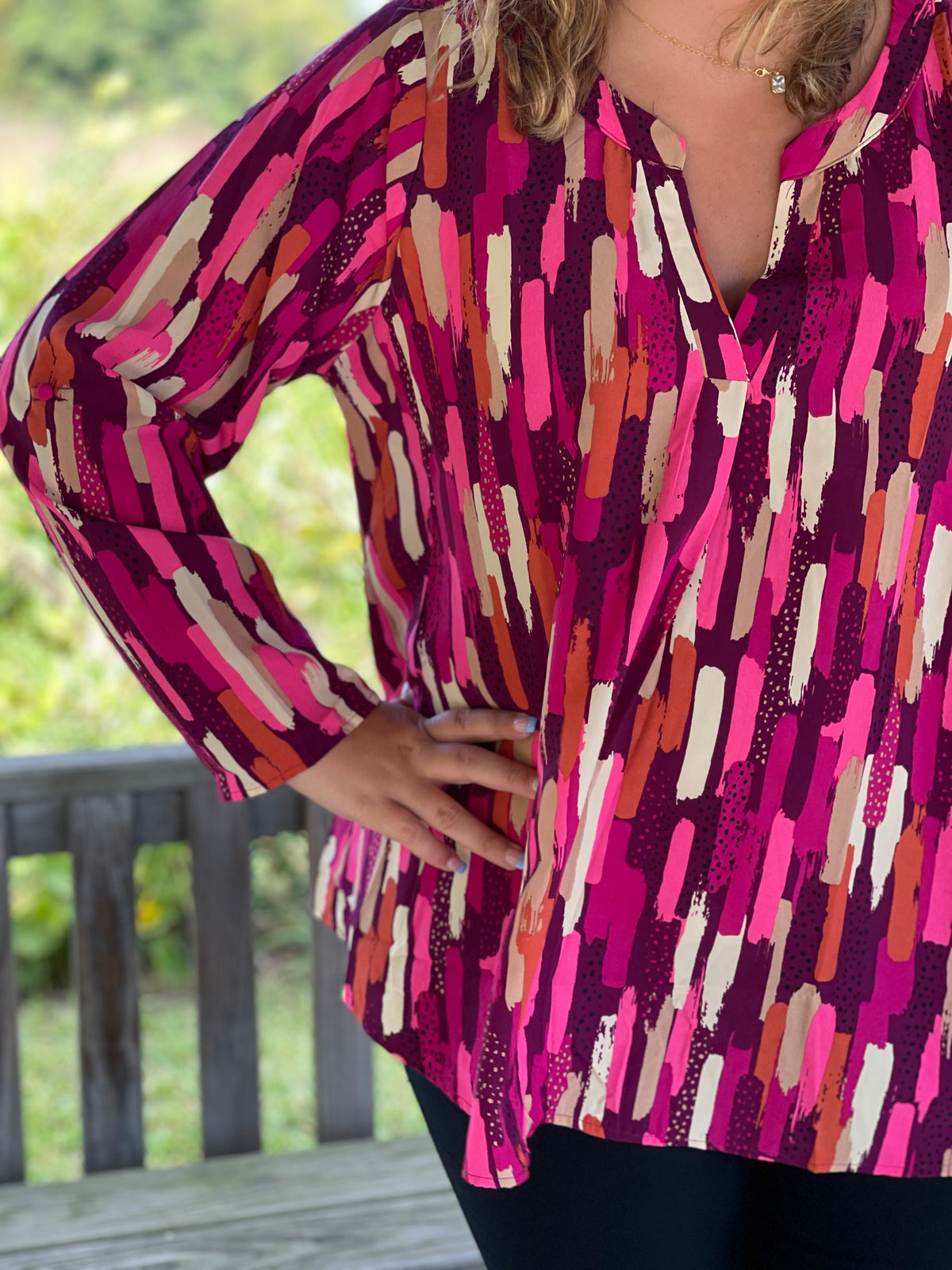 MAGENTA MULTI PRINT V NECK WOVEN BLOUSE