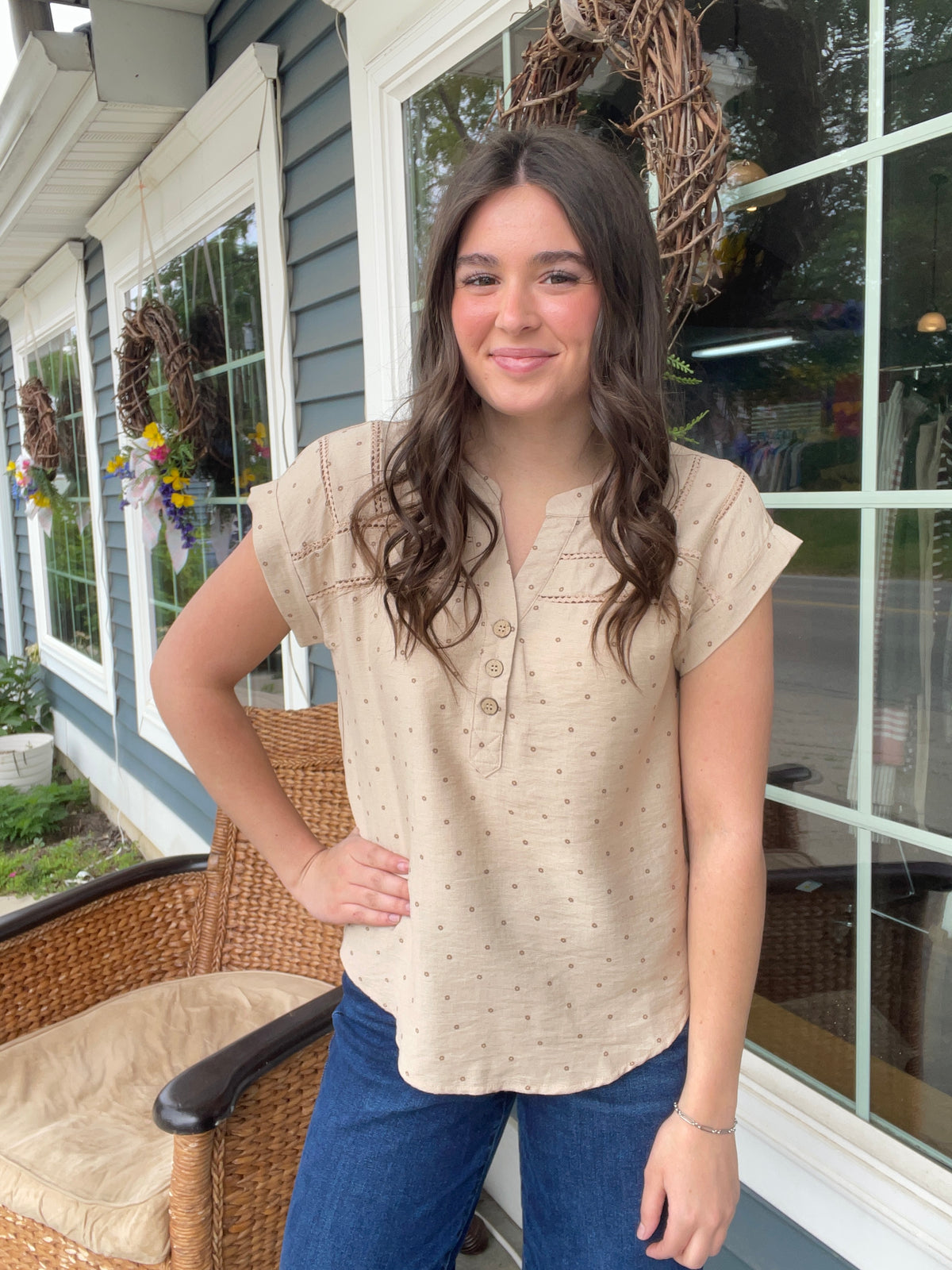 KHAKI DOT PATTERN V NECK WOVEN TOP W/ LINE LACE AND BUTTON NECKLINE