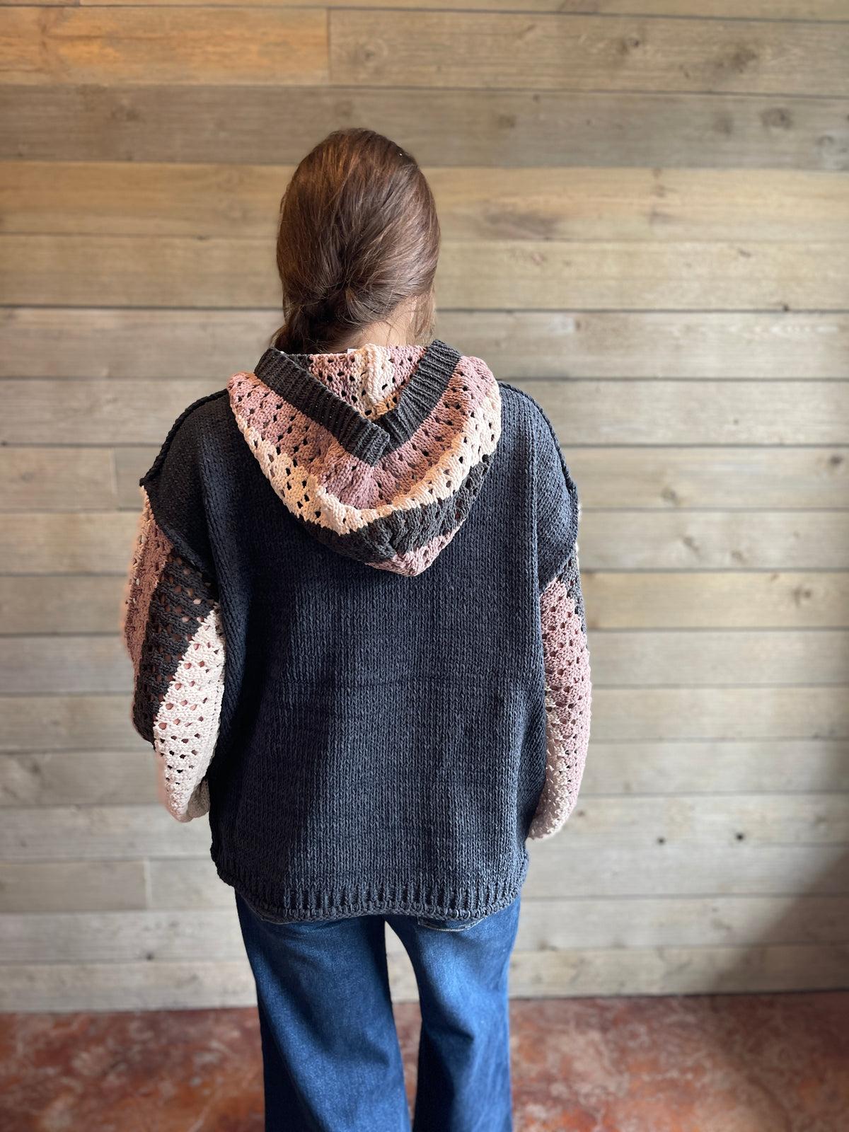 NAVY BUTTON KNIT SWEATER W/ OPEN KNIT COLORBLOCK SLEEVES