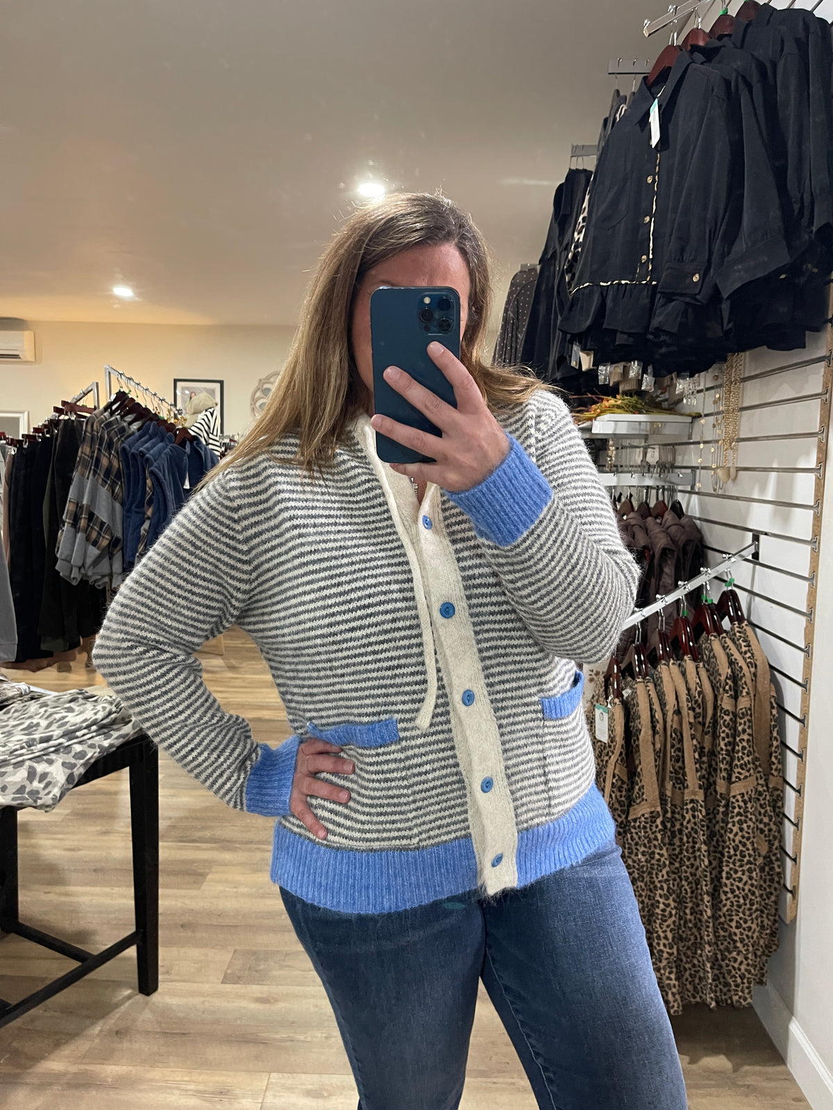 GREY/BLUE Striped, Contrast Color Accent, Hoodie, Button Down Sweater/Cardigan