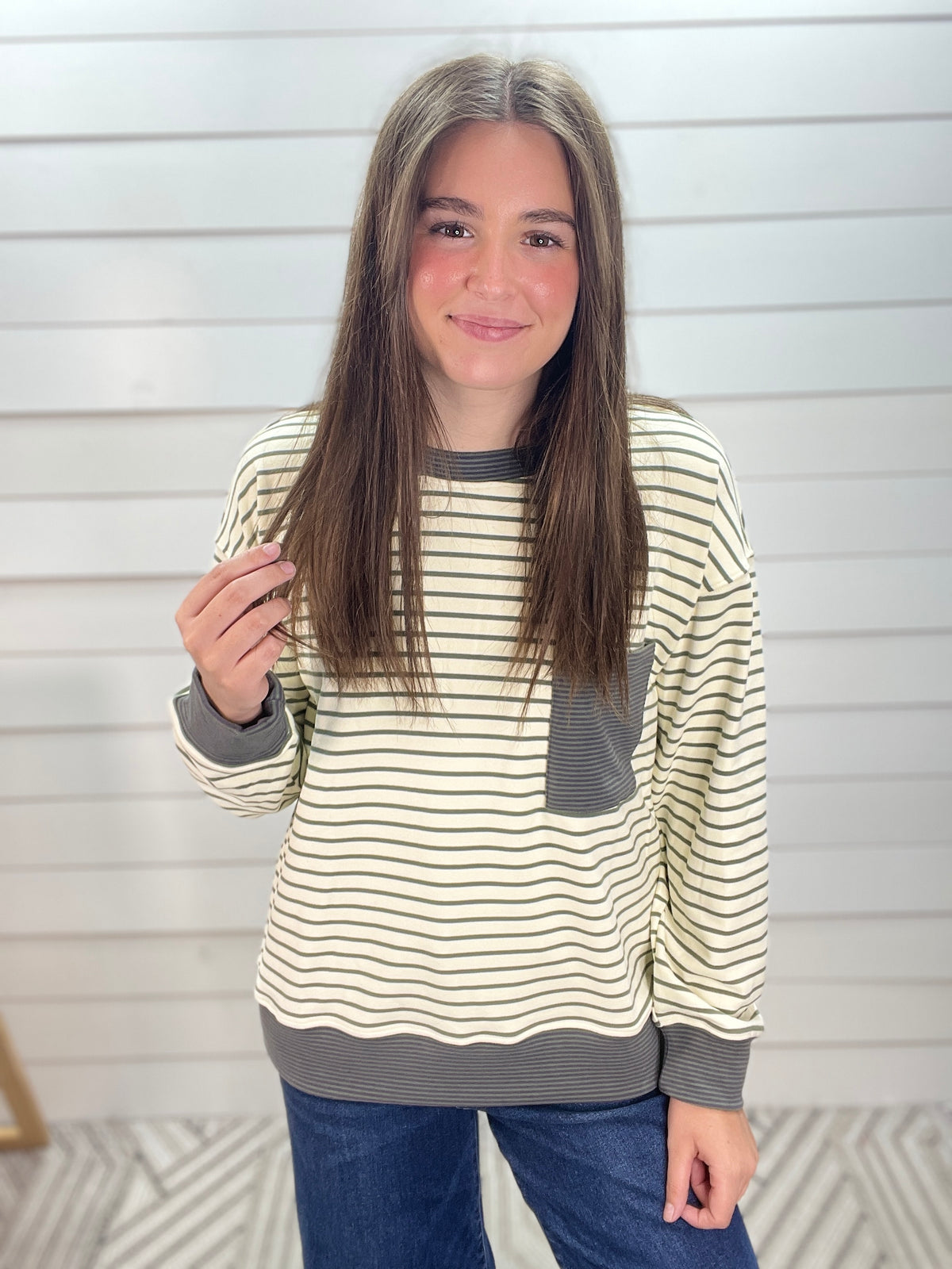 IVORY/OLIVE Color Trimmed Long Sleeve Chest Pocket Micro Brushed Stripe Mix Media Sweatshirt