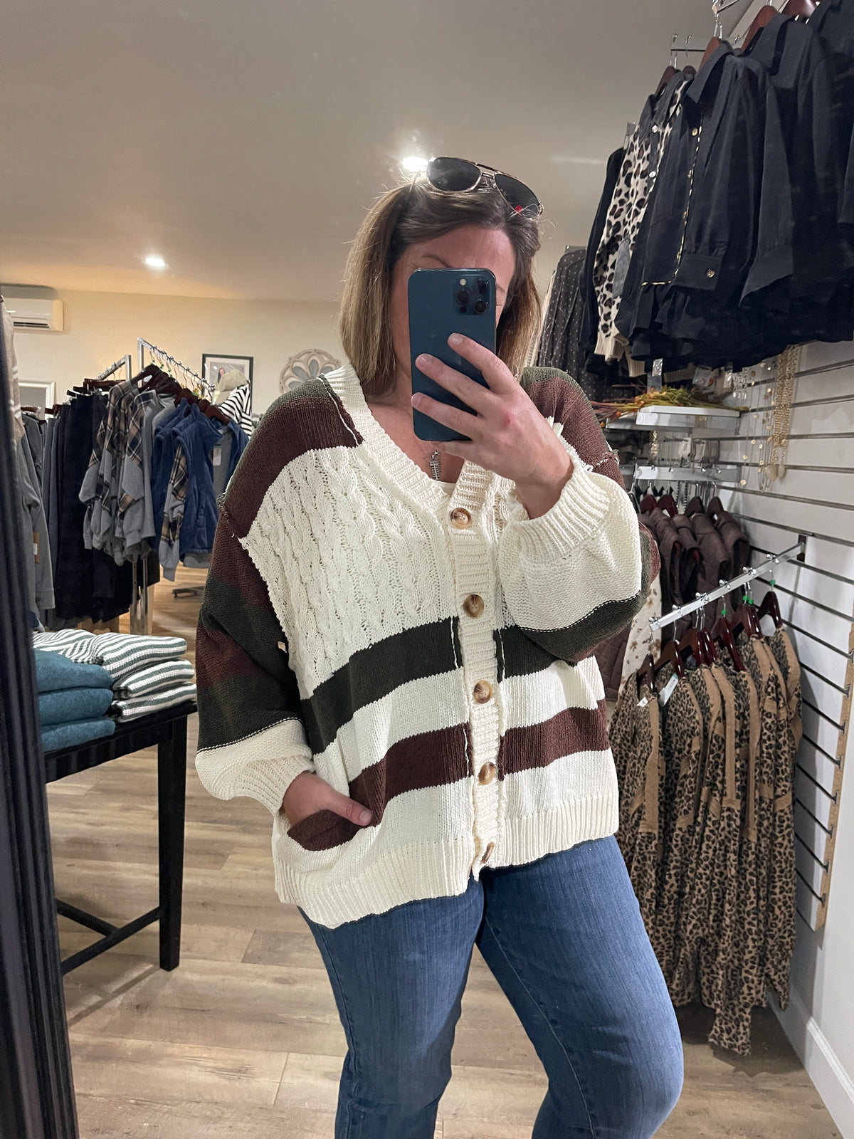 IVORY/BROWN/OLIVE CABLE KNIT OVERSIZE BUTTON CARDIGAN/SWEATER