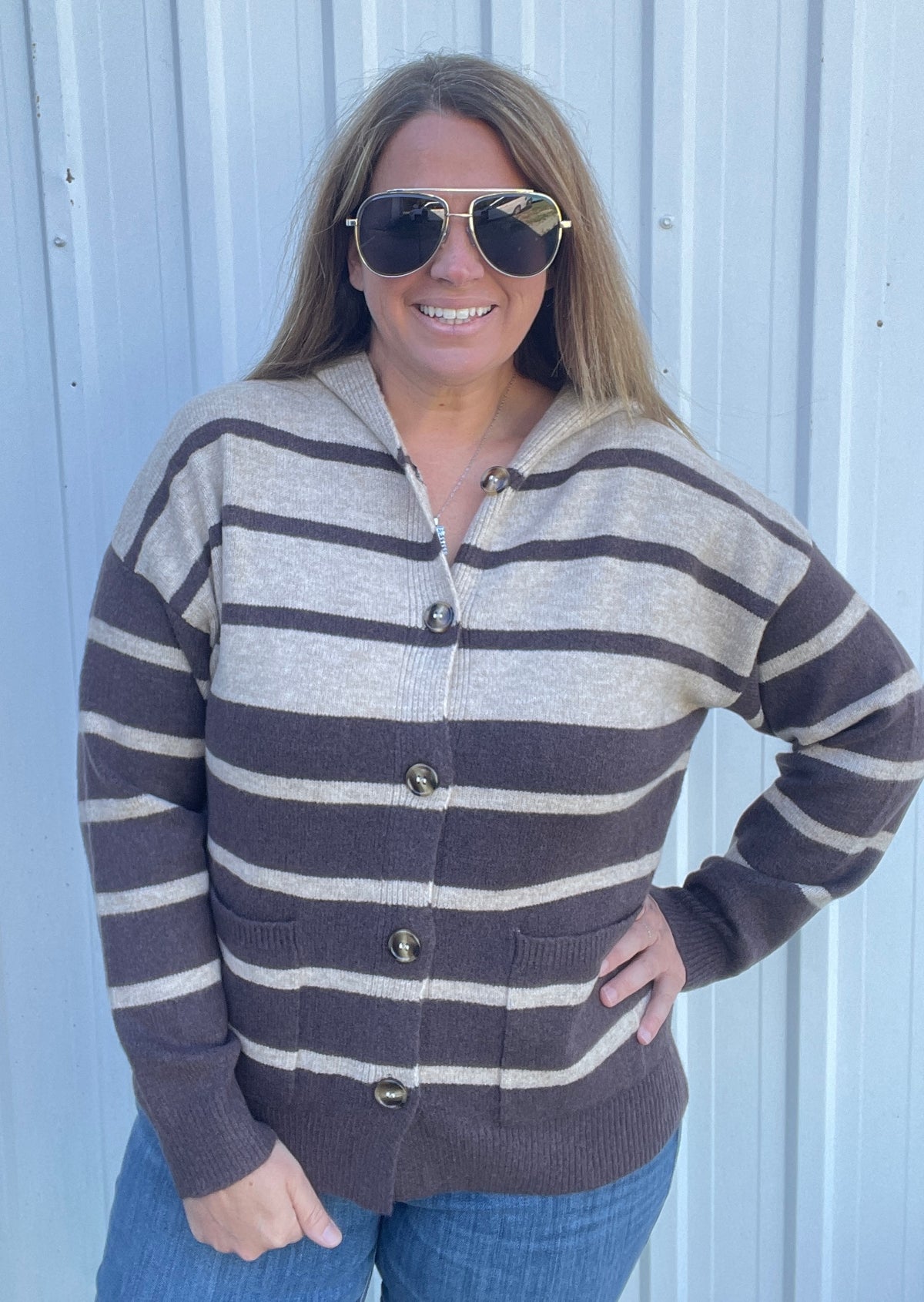 DARK MOCHA Striped, Hoodie, Button Down, Cardigan Sweater With Pocket