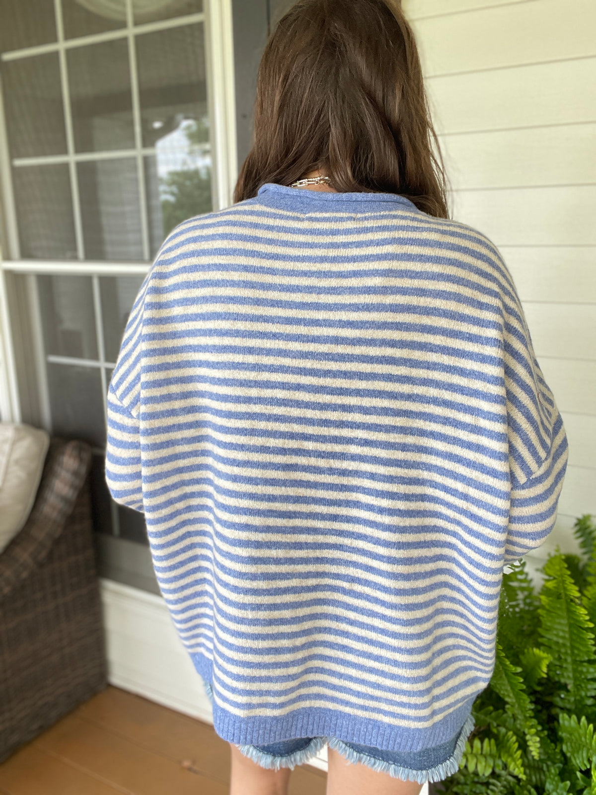 BLUE ROLLED EDGE BUTTON HENLEY STRIPED SWEATER