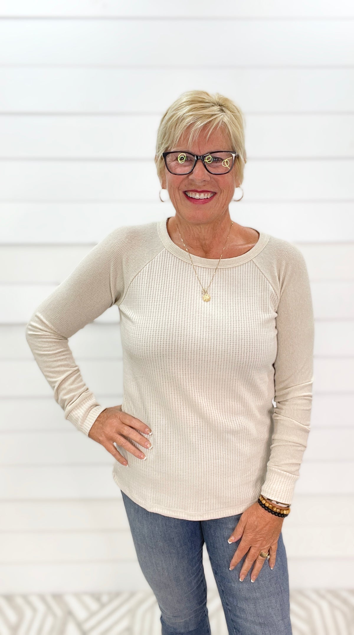 NATURALCONTRAST LONG SLEEVE WAFFLE KNIT TOP