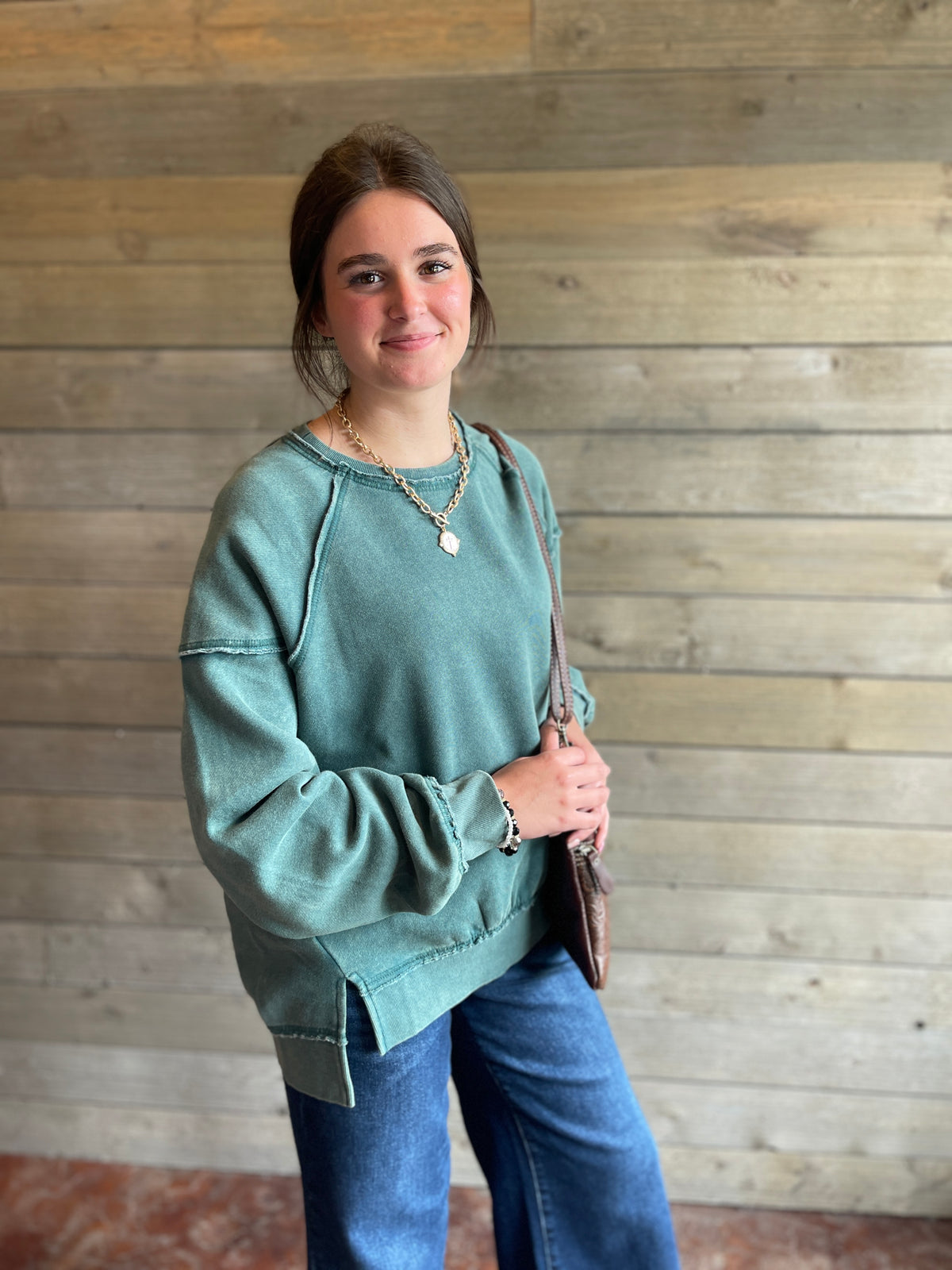 Green Mineral Wash Soft Fleeve Lined Oversized Pullover