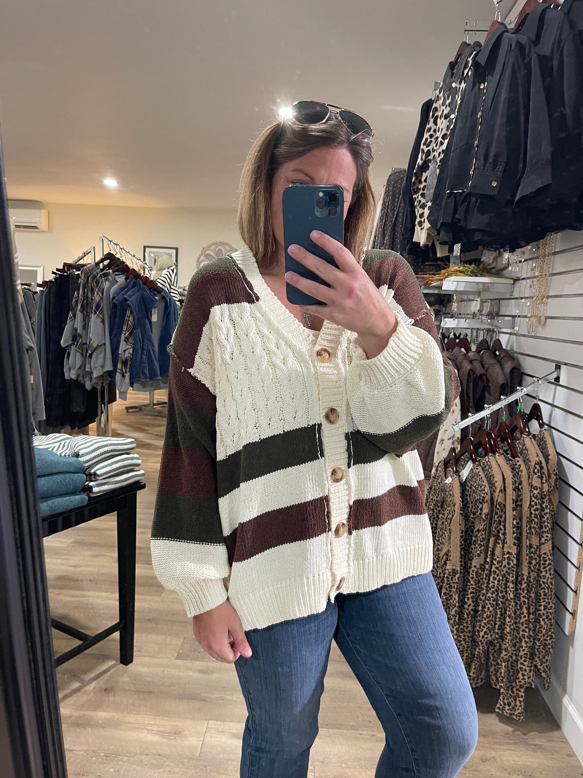 IVORY/BROWN/OLIVE CABLE KNIT OVERSIZE BUTTON CARDIGAN/SWEATER