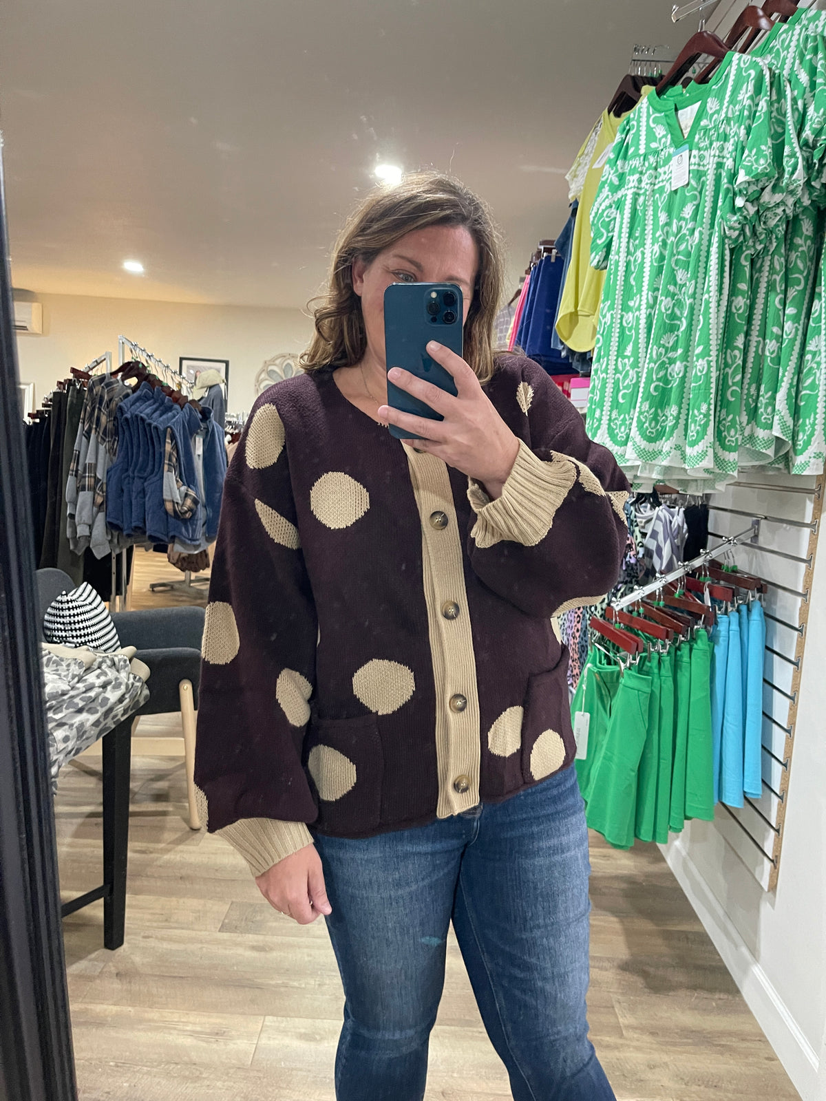 BURNETTE Round Neck Button Down Long Sleeve Polka Dot Jacquard Sweater Cardigan