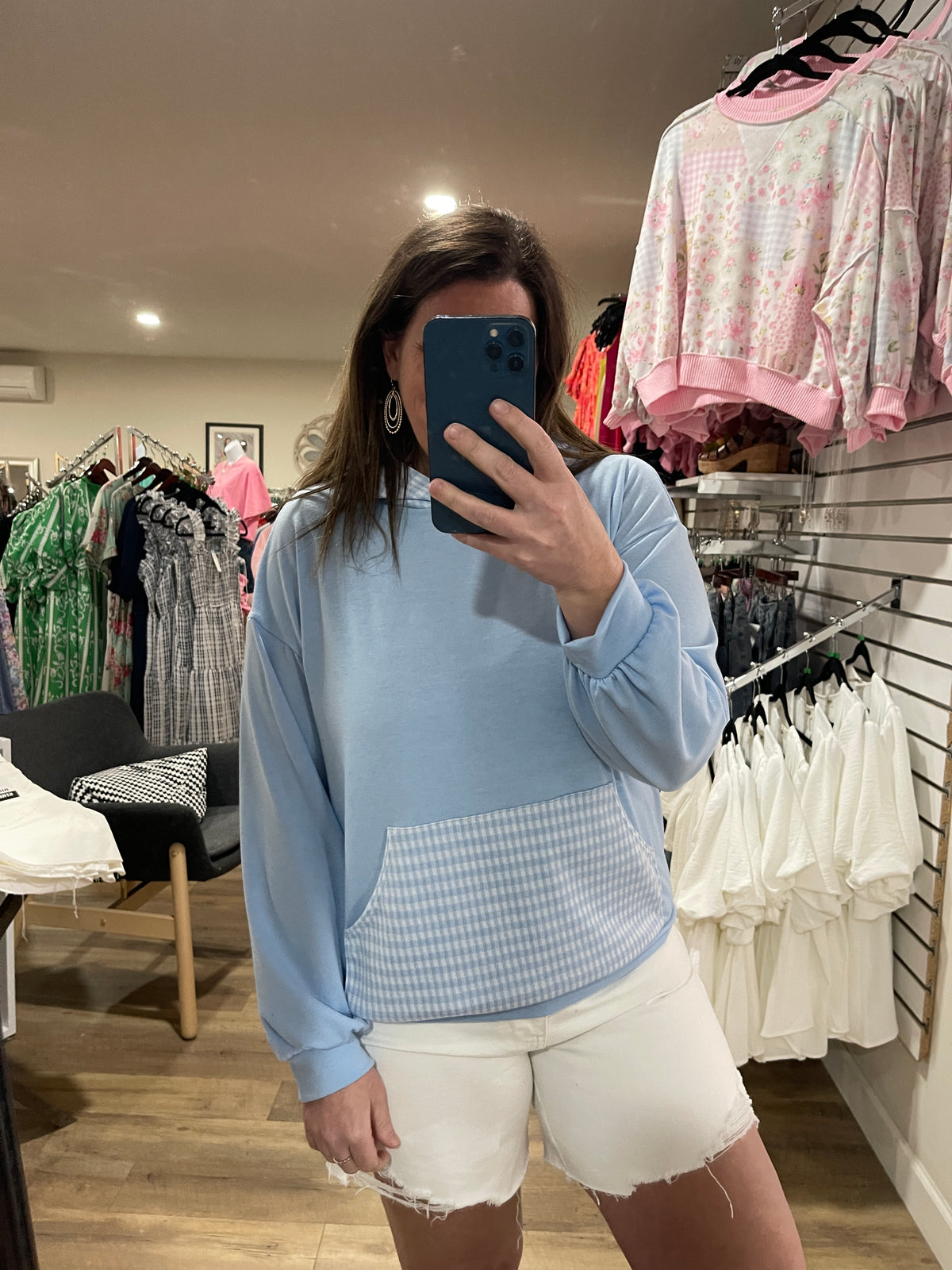 BLUE GINGHAM TRIM LIGHT WEIGHT PULLOVER HOODIE