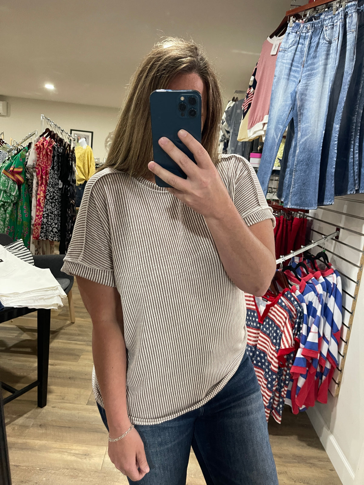 TAUPE WASHED RIBBED SHORT SLEEVE KNIT TOP
