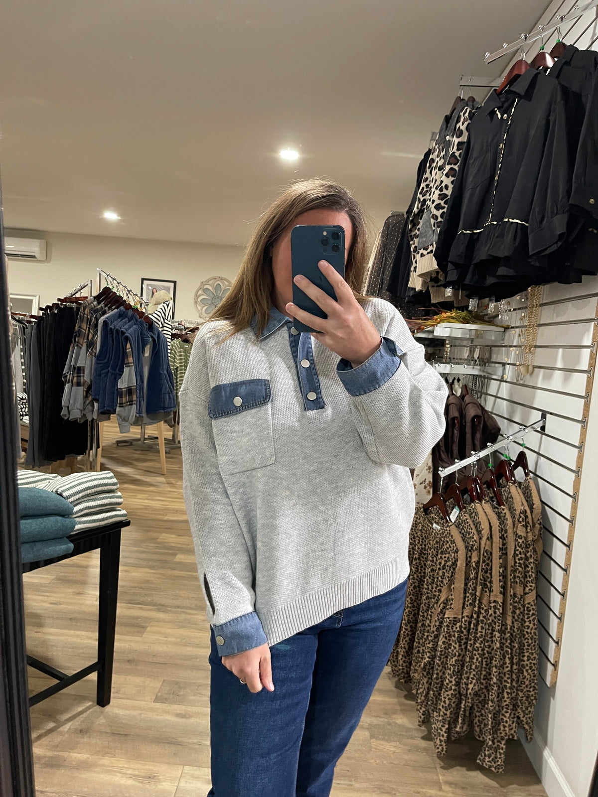 HEATHER GREY KNIT SWEATER W/ DENIM TRIM