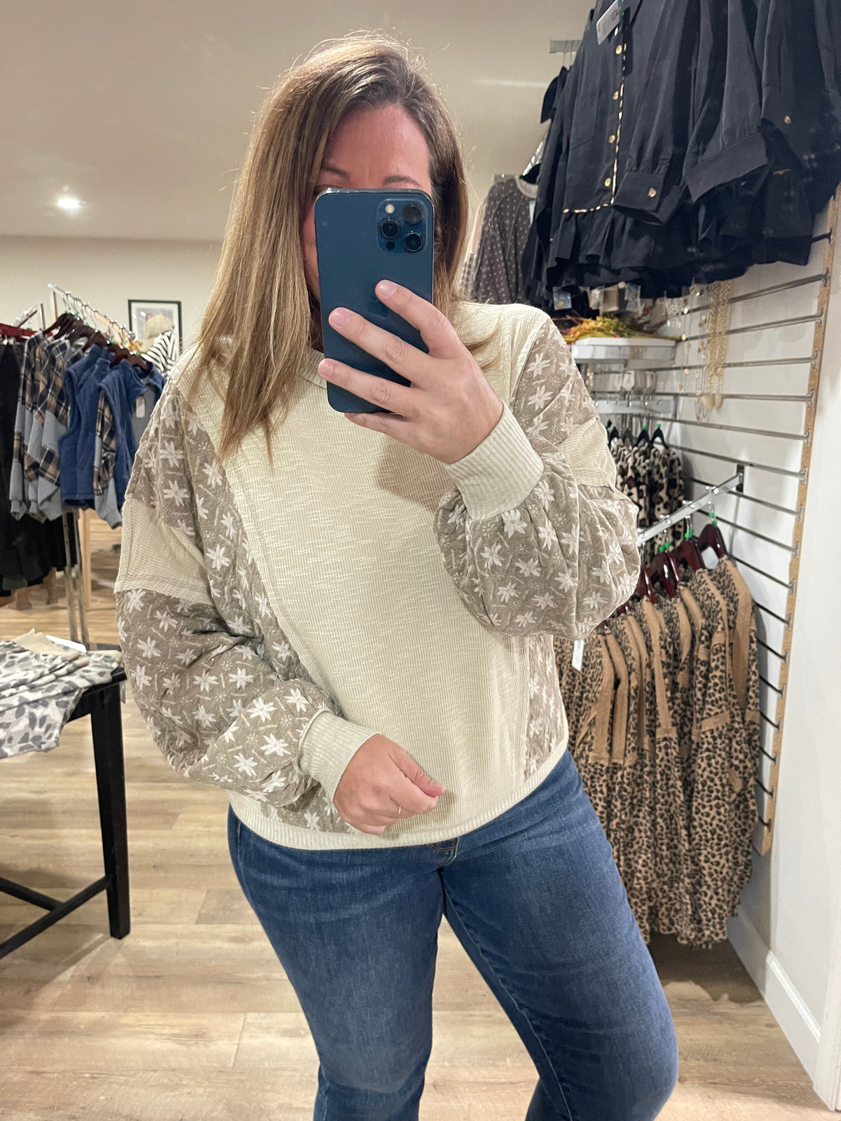 KHAKI FLORAL/RIBBED OVERSIZED FIT TOP
