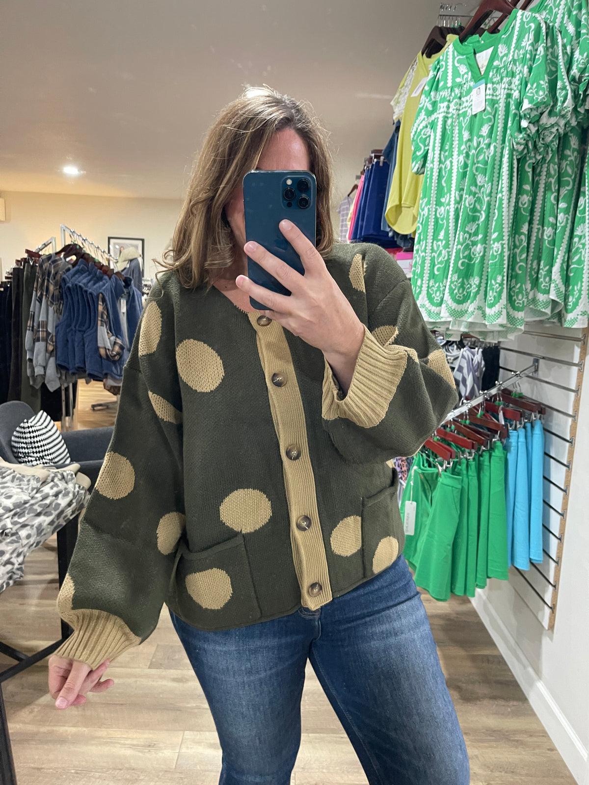 OLIVE Round Neck Button Down Long Sleeve Polka Dot Jacquard Sweater Cardigan