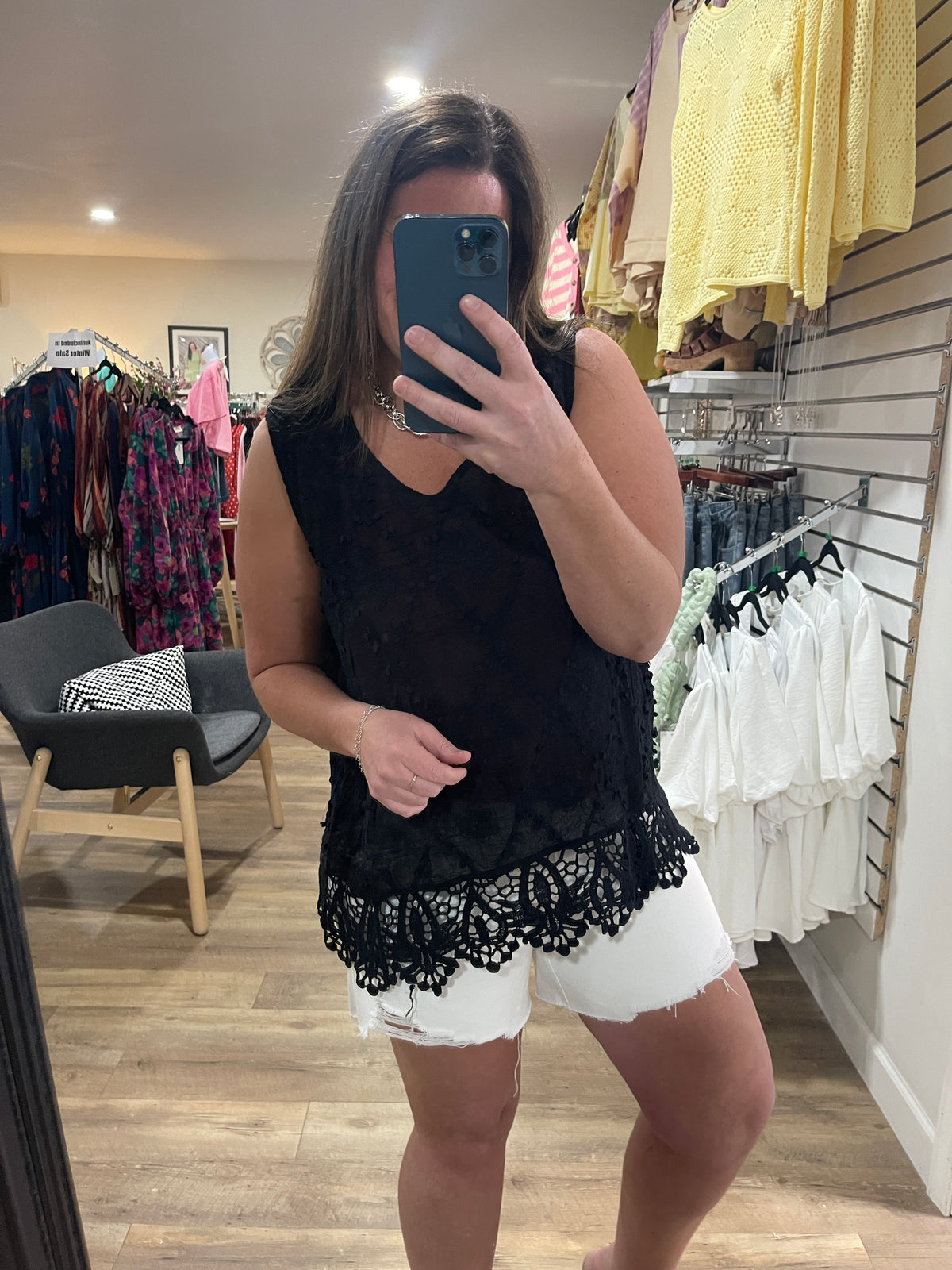 BLACK CROCHET LACE TRIM TANK TOP