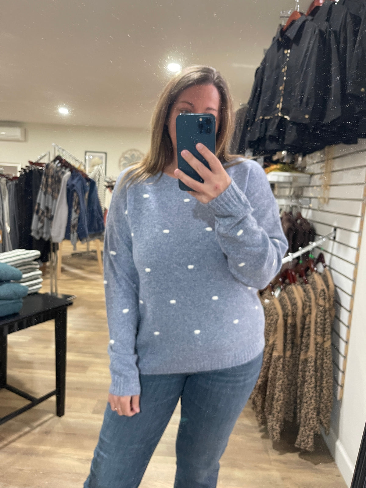 BLUE Textured Dot Detail, Wide Crew Neck, Pullover Sweater
