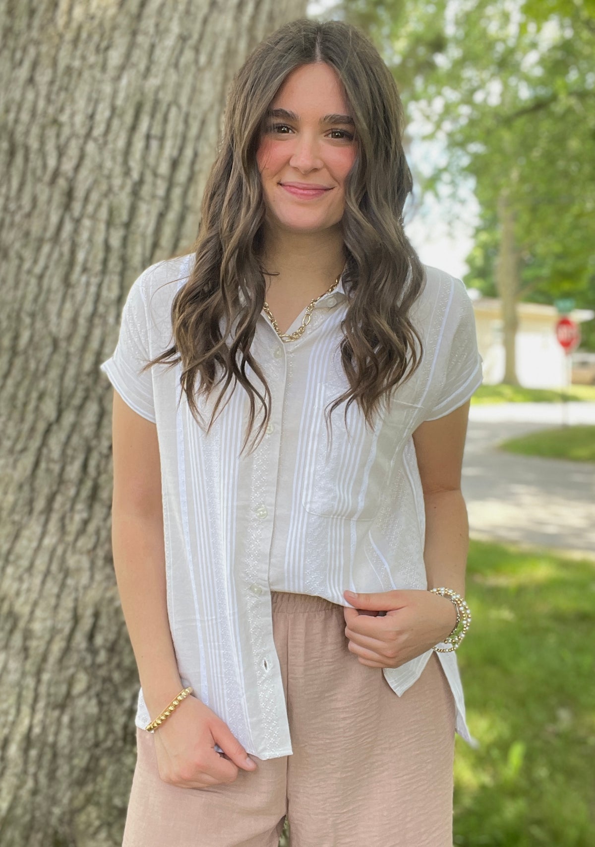 SAND/CREAM STRIPE DETAIL BUTTON FRONT WOVEN TOP