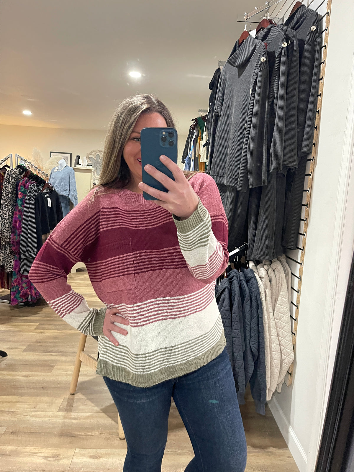 ROSE/BURGUNDY MULTI COLOR STRIPED PULLOVER LIGTH WEIGHT SWEATER