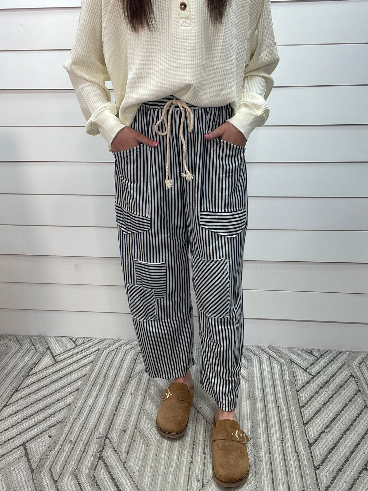 HUNTER GREEN Washed Striped Design Barrel Knit Pants