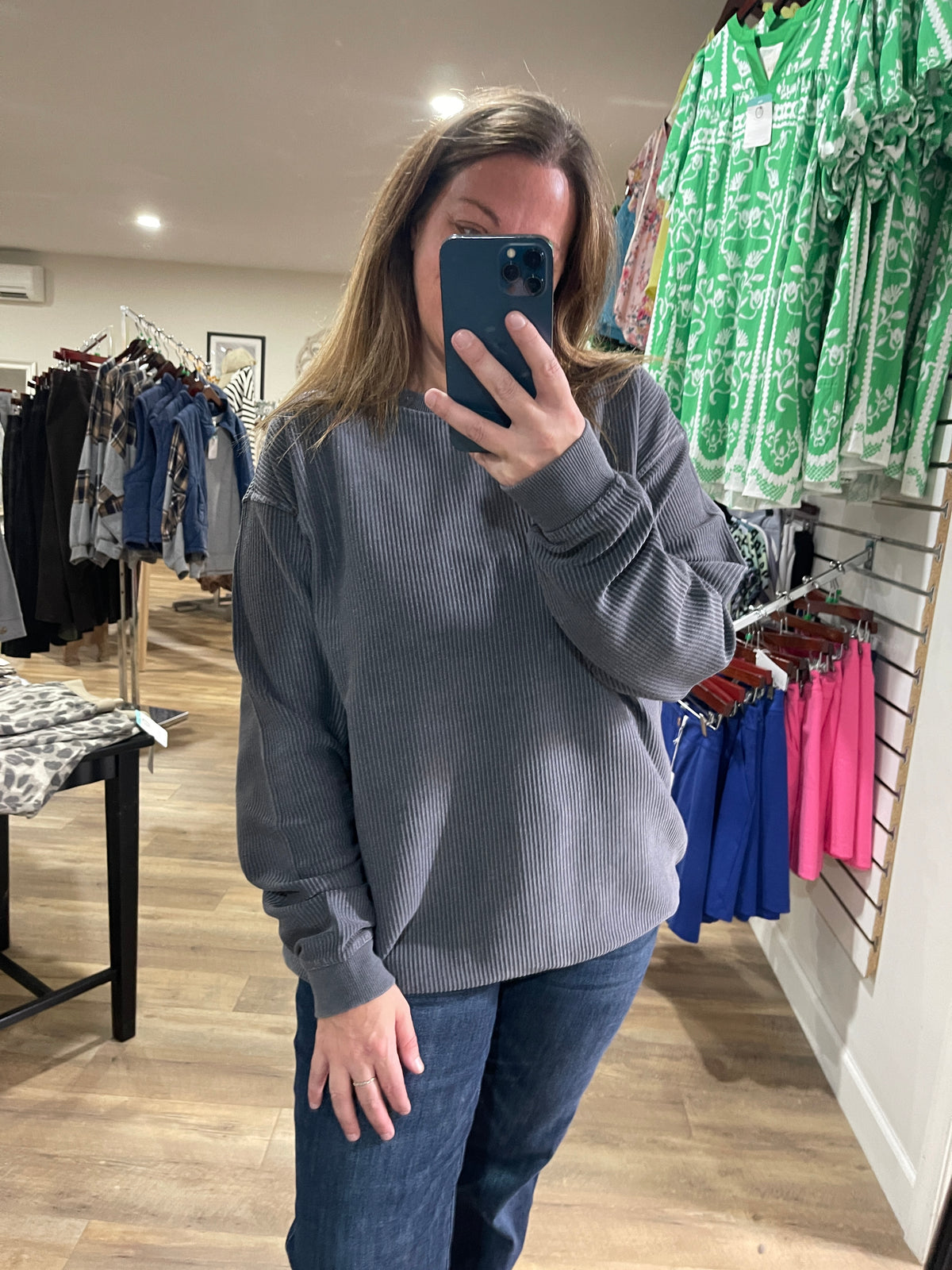 Charcoal Heavyweight Corduroy Pullover Crewneck With Thumbholes