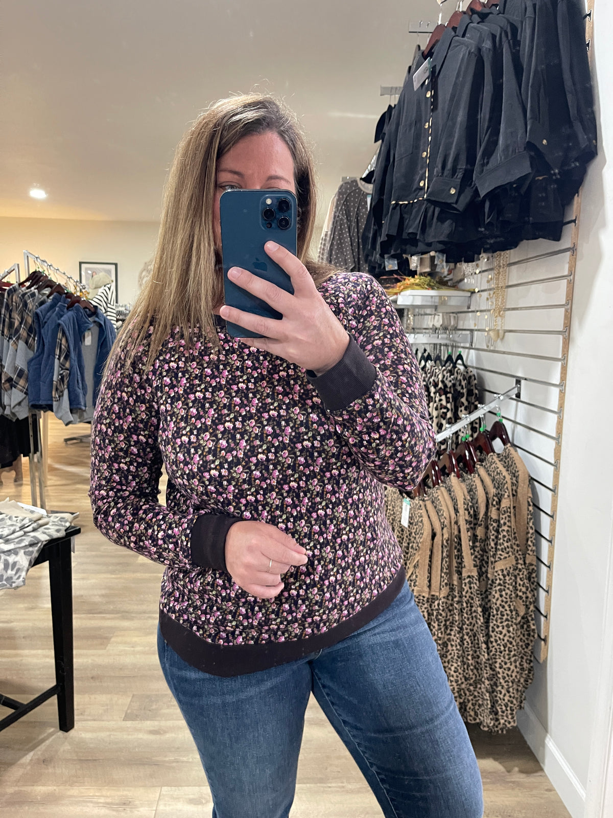 PLUM Wide Crew Neck, Long Sleeve, Floral Printed Hacci Top