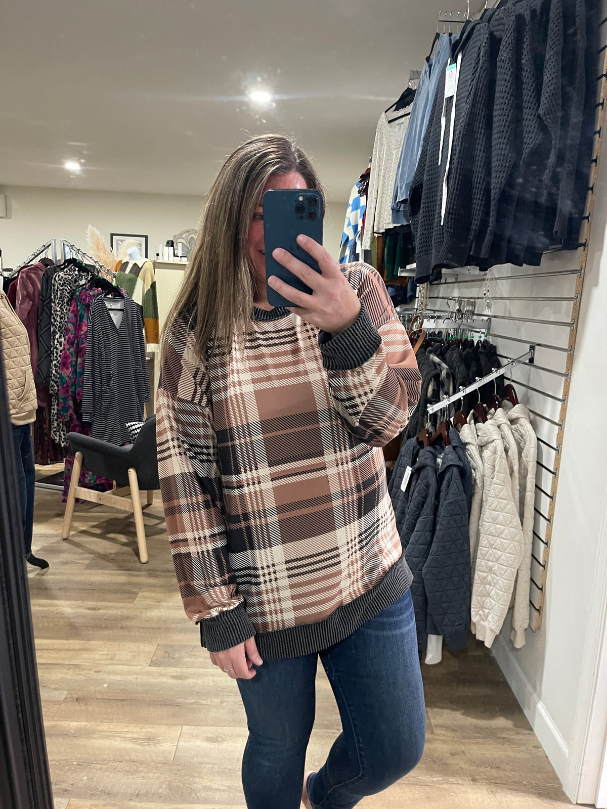 BROWN/BLACK PLAID KNIT TOP W/ RAISED RIBBED ACCENT
