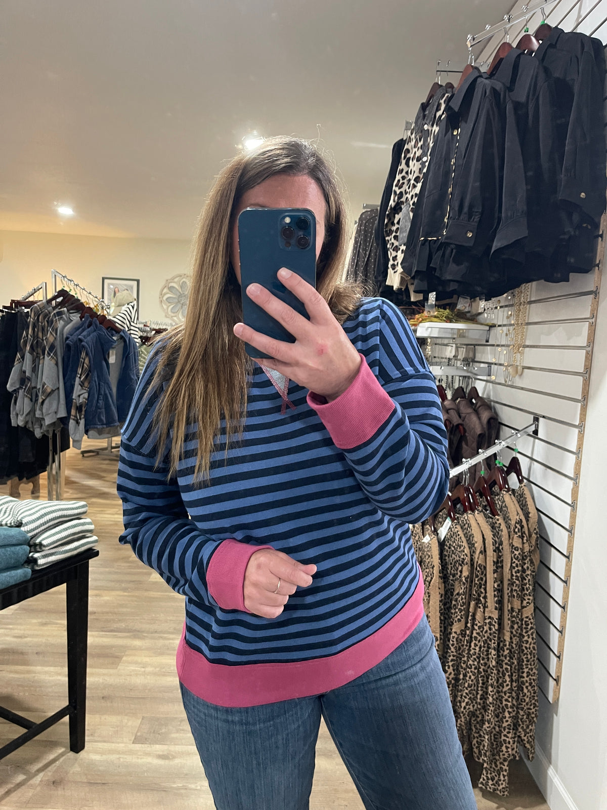 Navy/Fuschia Color Trim Banded, Long Sleeve, French Terry Pinstriped Top