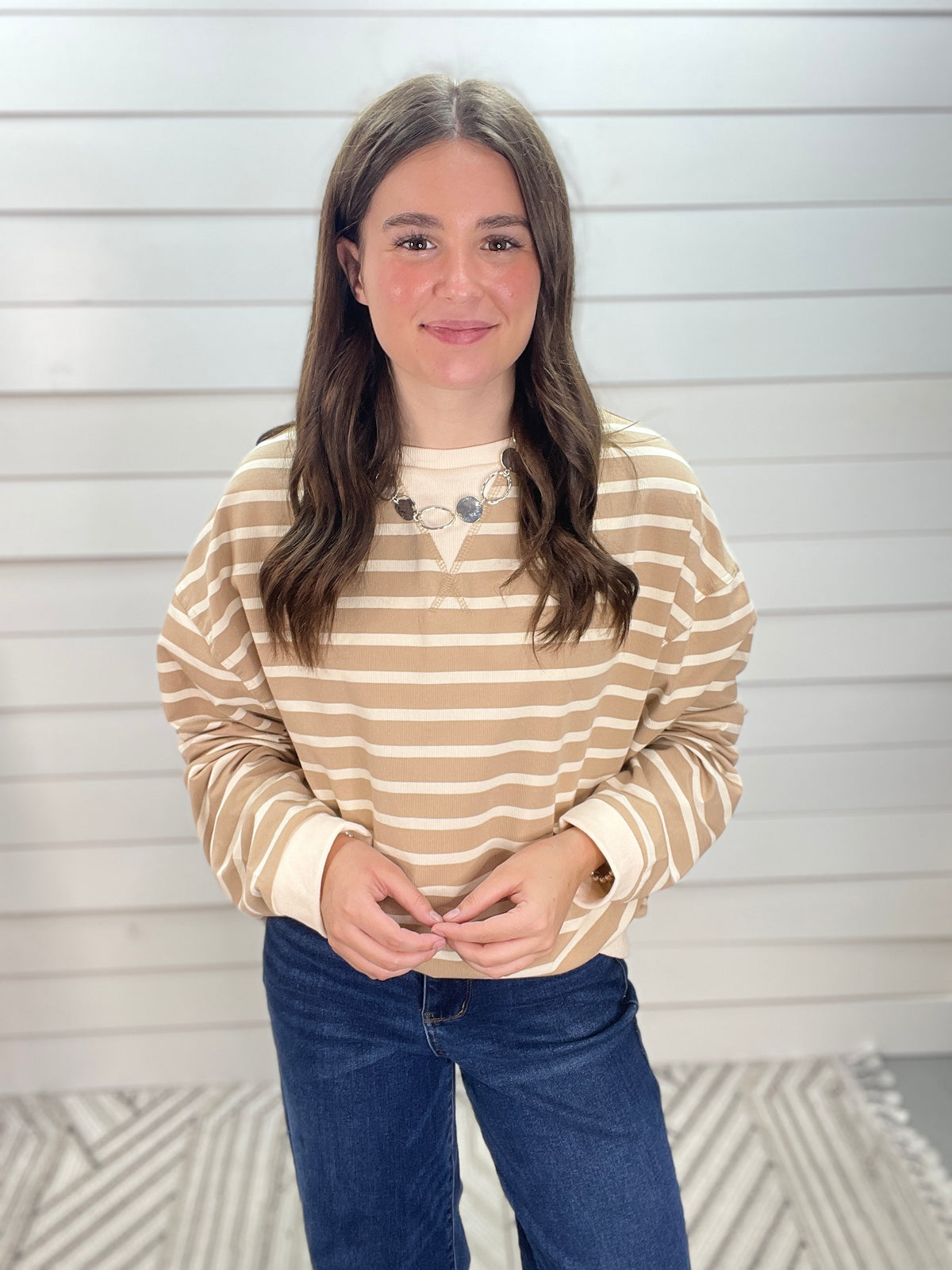 TAUPE/CREAM STRIPED LOOSE FIT KNIT TOP