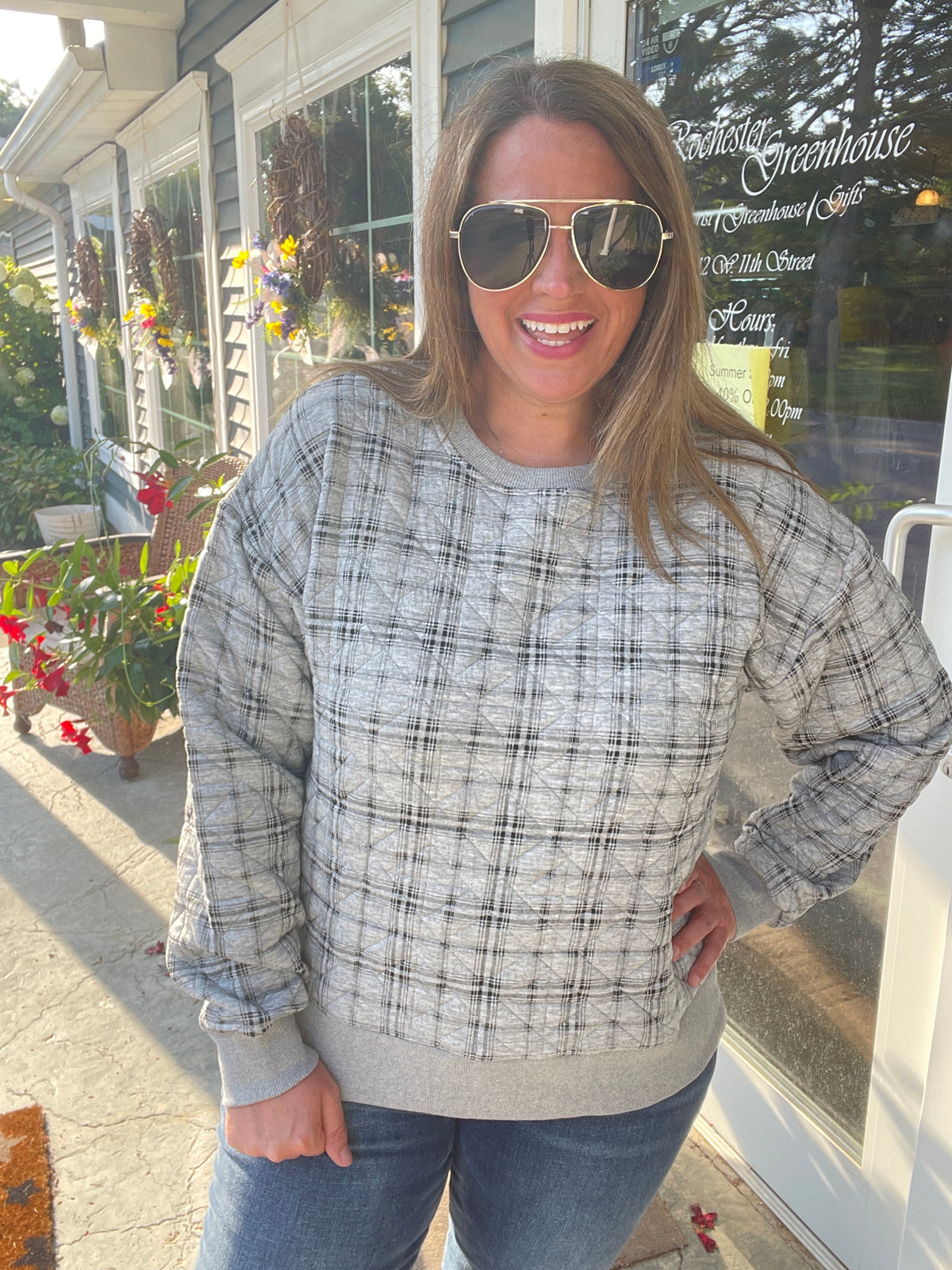 H GREY Printed Quilted Pullover Crew Neck Knit Top, Rib Banded PULLOVER