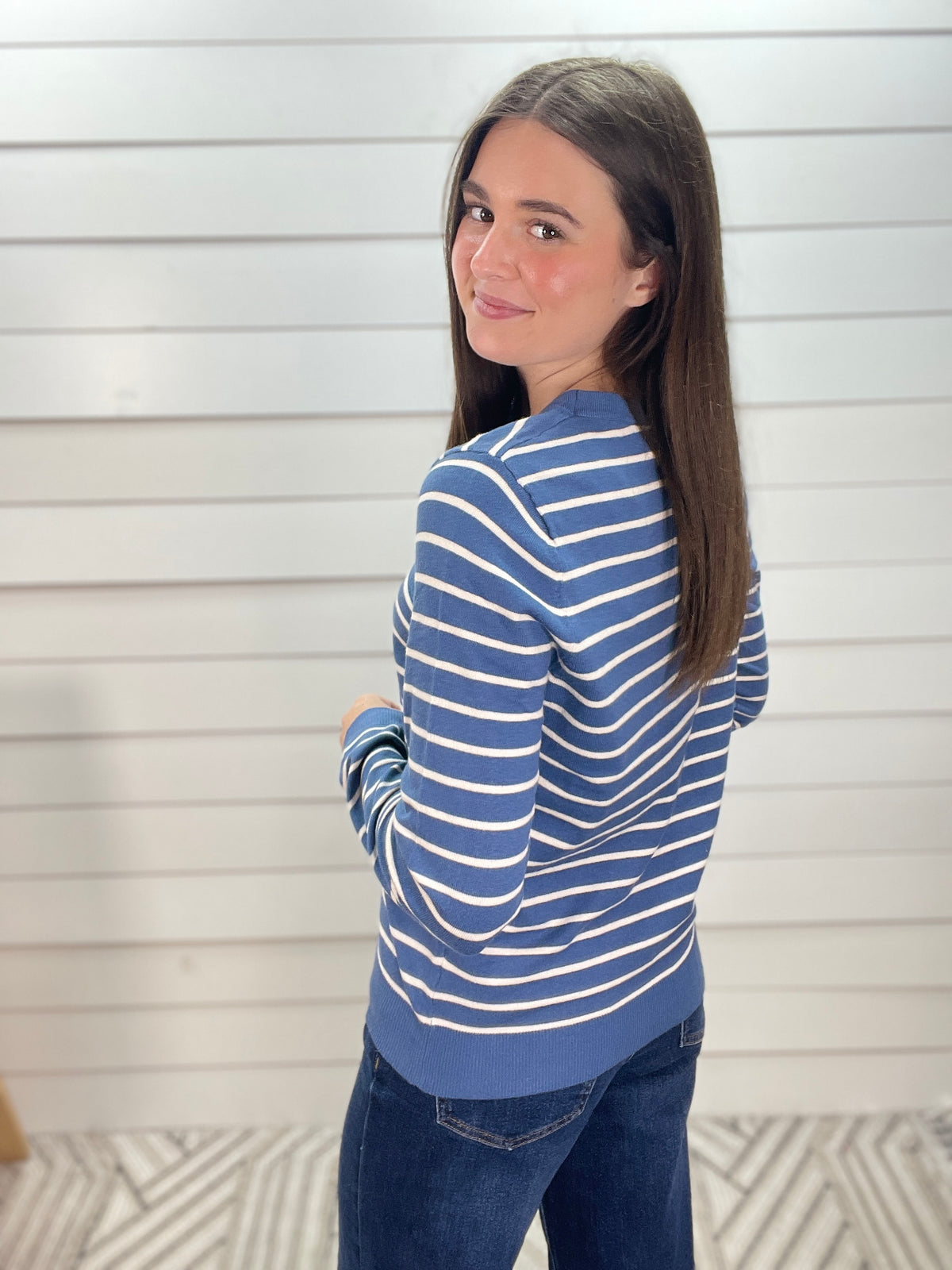 DENIM STRIPED Crew Neck Long Sleeve Basic Striped Pullover Sweater