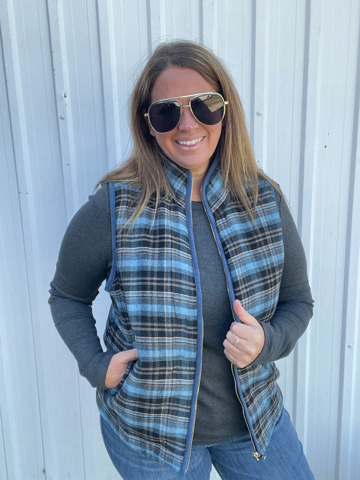 BLUE Contrast Binding, Zip Up Front, Plaid Puffer Vest