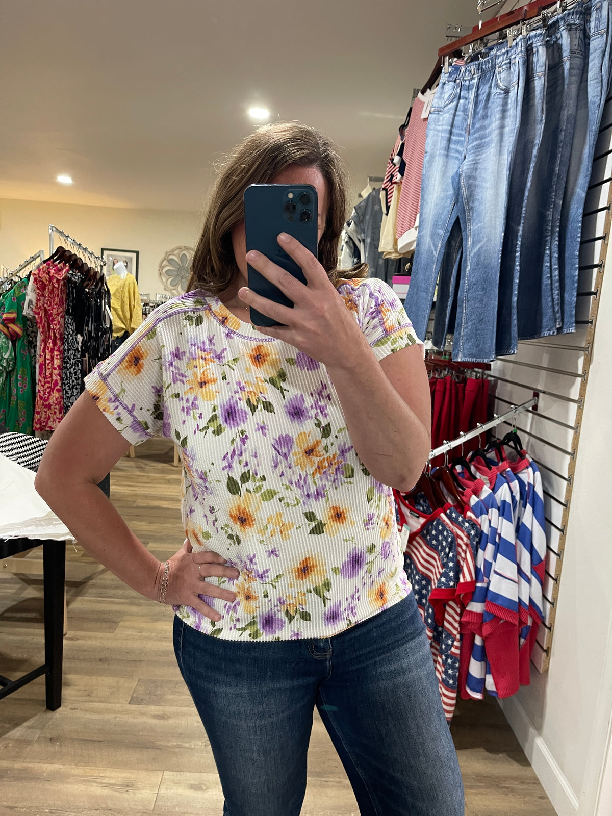 WHITE Floral Ribbed Short Sleeve Knit Top