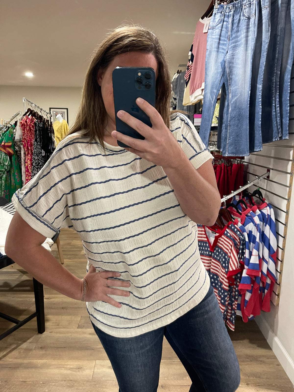 CREAM/BLUE STRIPED TEXTURED KNIT TOP