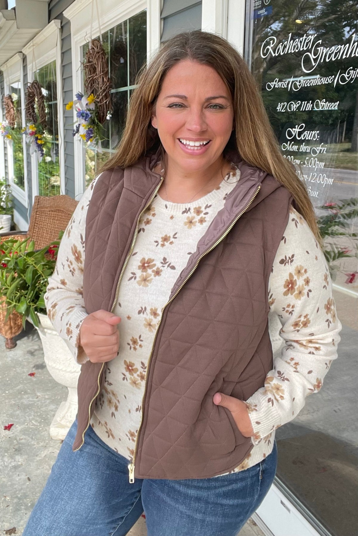 Brown Quilted Knit, Hooded, Zipper Closure, Pockets, Lined Vest