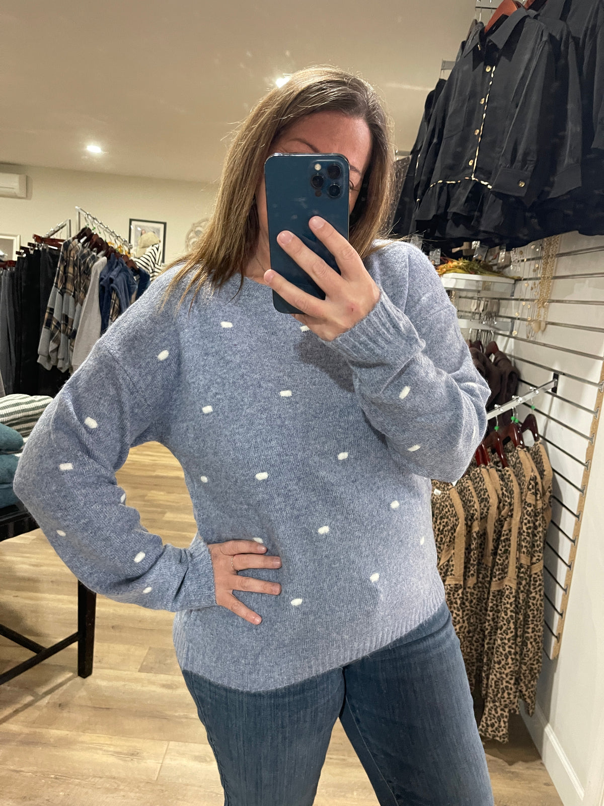 BLUE Textured Dot Detail, Wide Crew Neck, Pullover Sweater