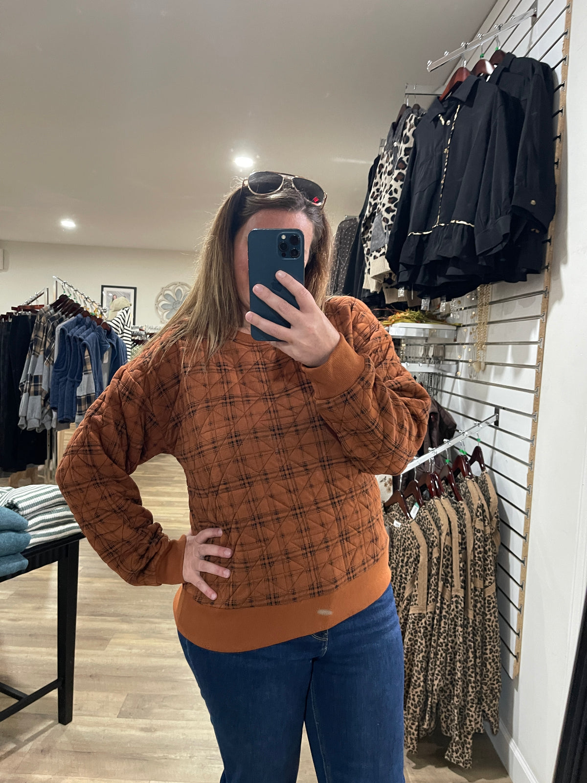 PUMPKIN Printed Quilted Pullover Crew Neck Knit Top, Rib Banded