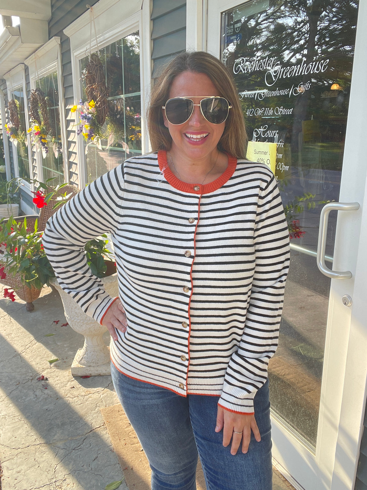 IVORY/ORANGE Color Accent, Long Sleeve, Button Down, Striped SWEATER