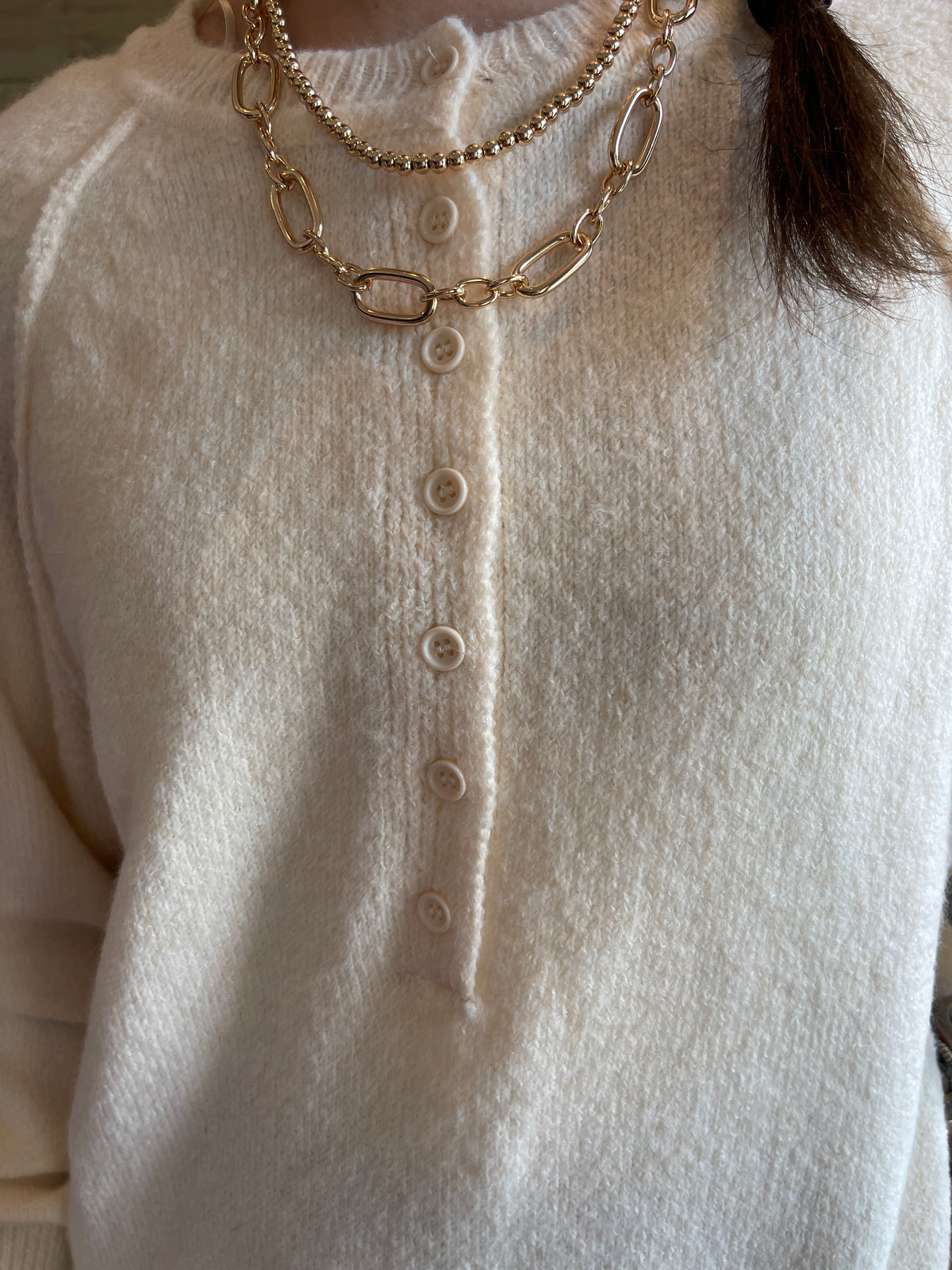 Vanilla Cream Knit Henley Sweater with Seams