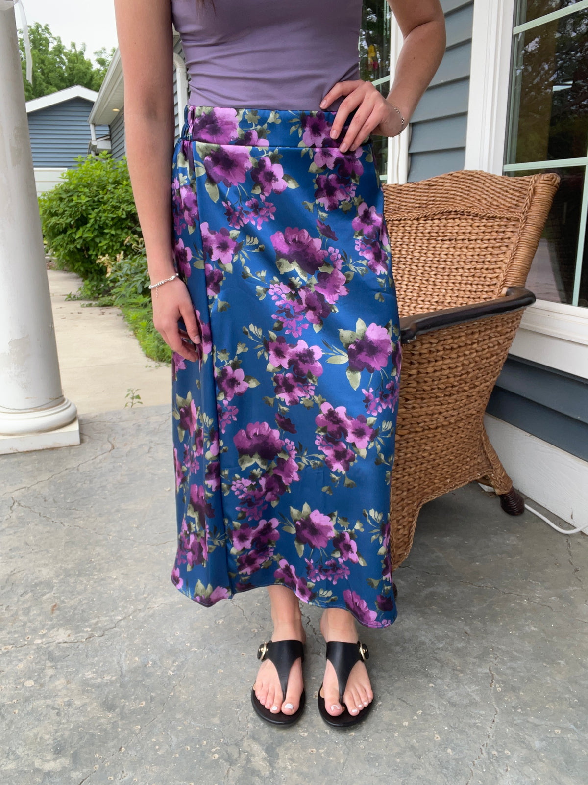 COLBALT/PURPLE FLORAL ELASTIC WAISTBAND SKIRT