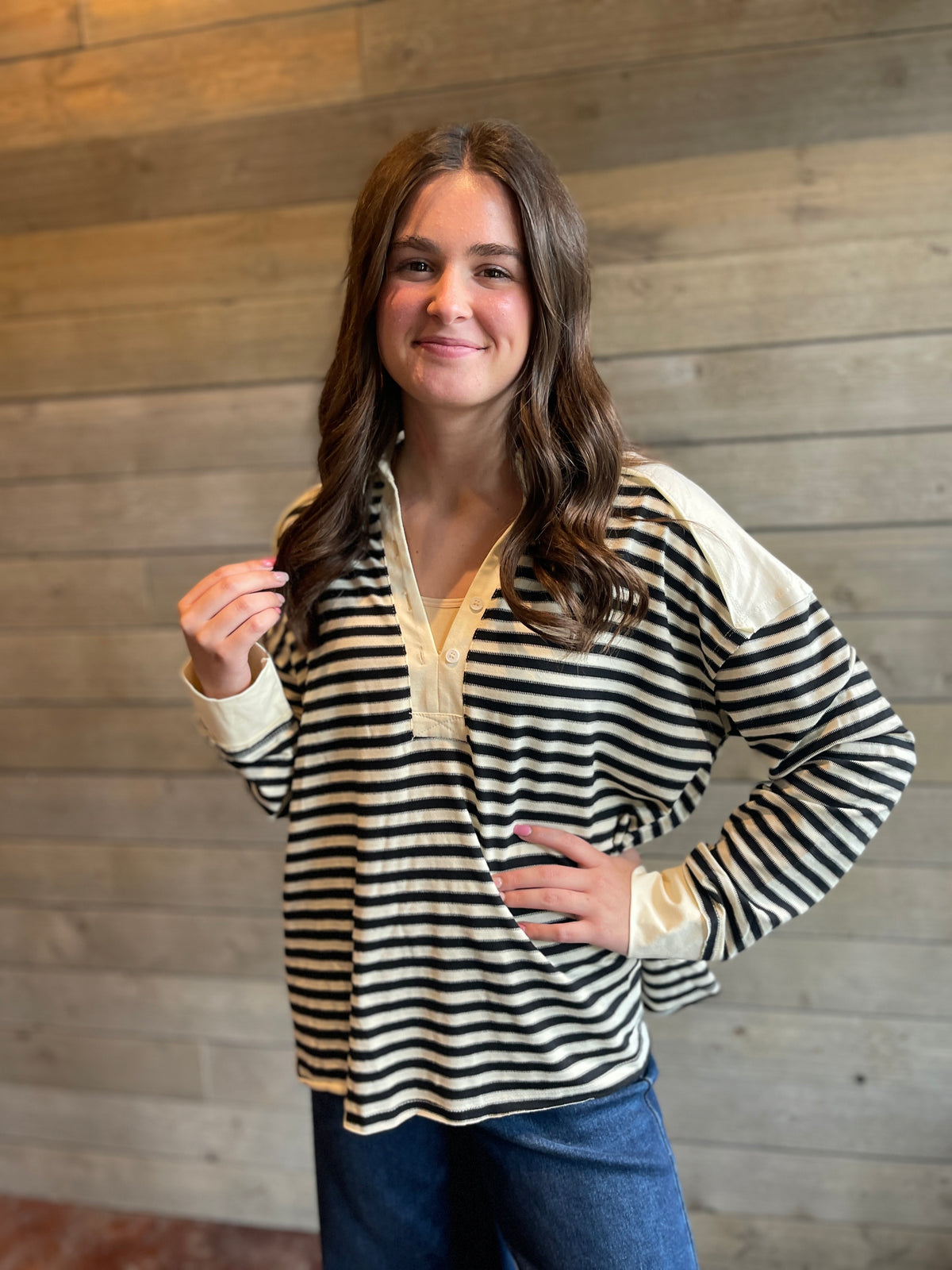 BLACK LOOSE FIT STRIPED LONG SLEEVE TOP