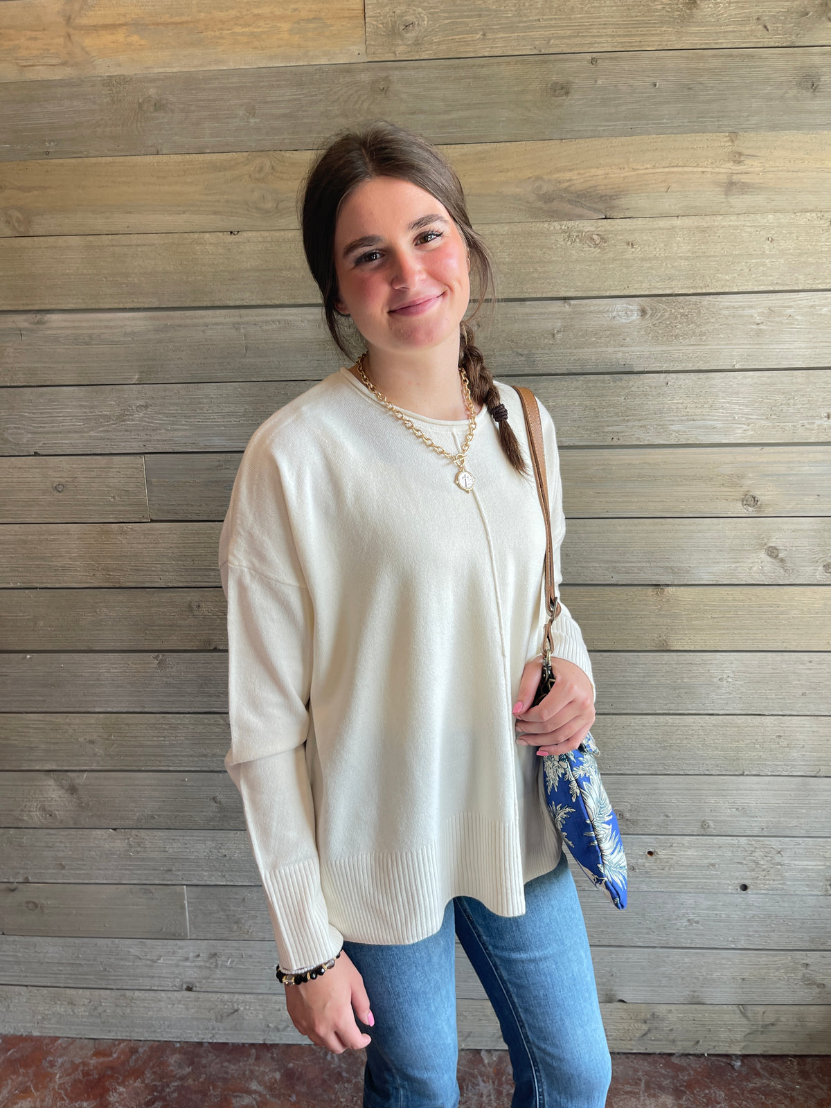 Cream Center Seam Lightweight Sweater