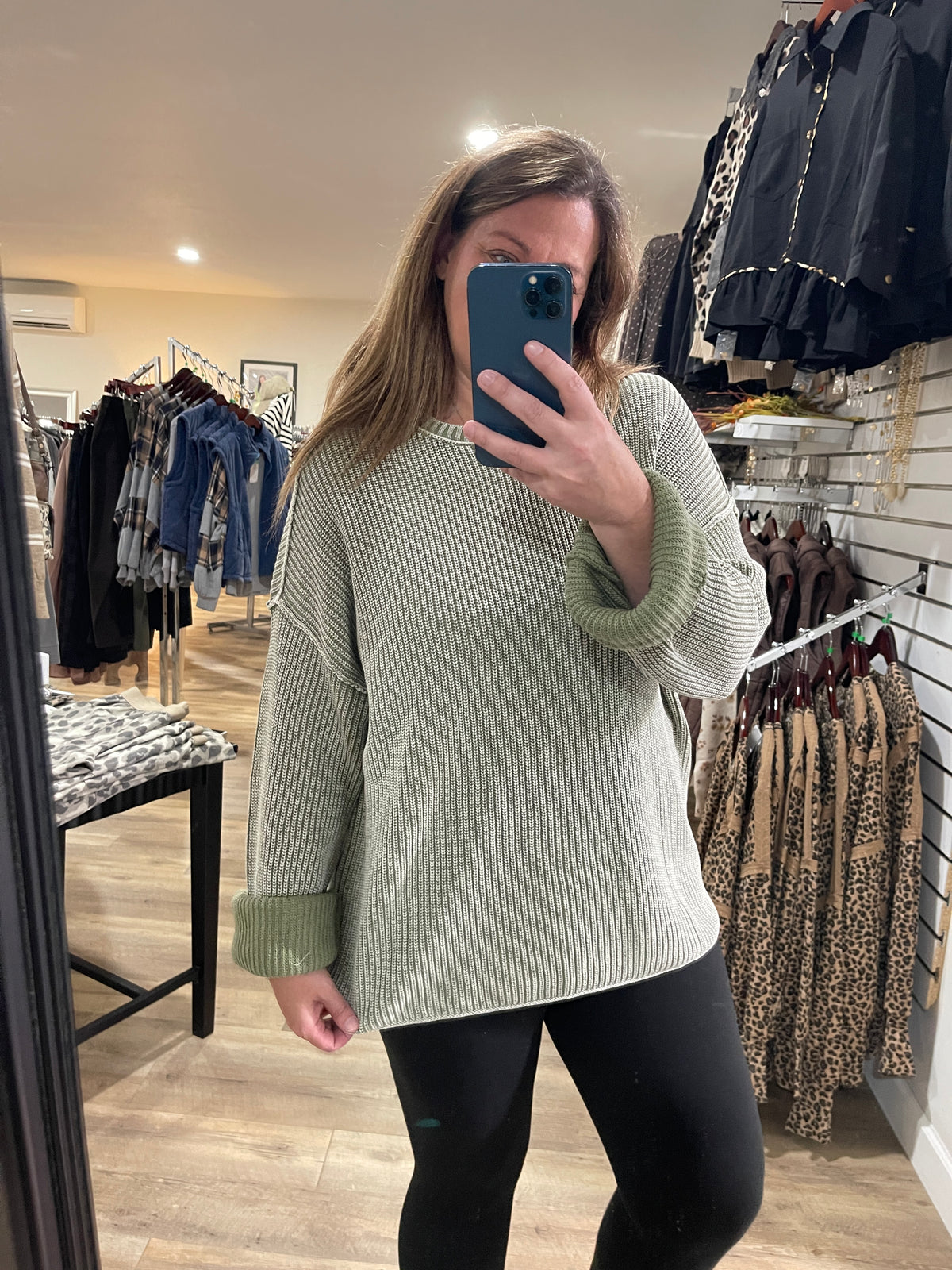 Light Olive Washed Ribbed Long Sleeve Folded Cuff Knit Sweater