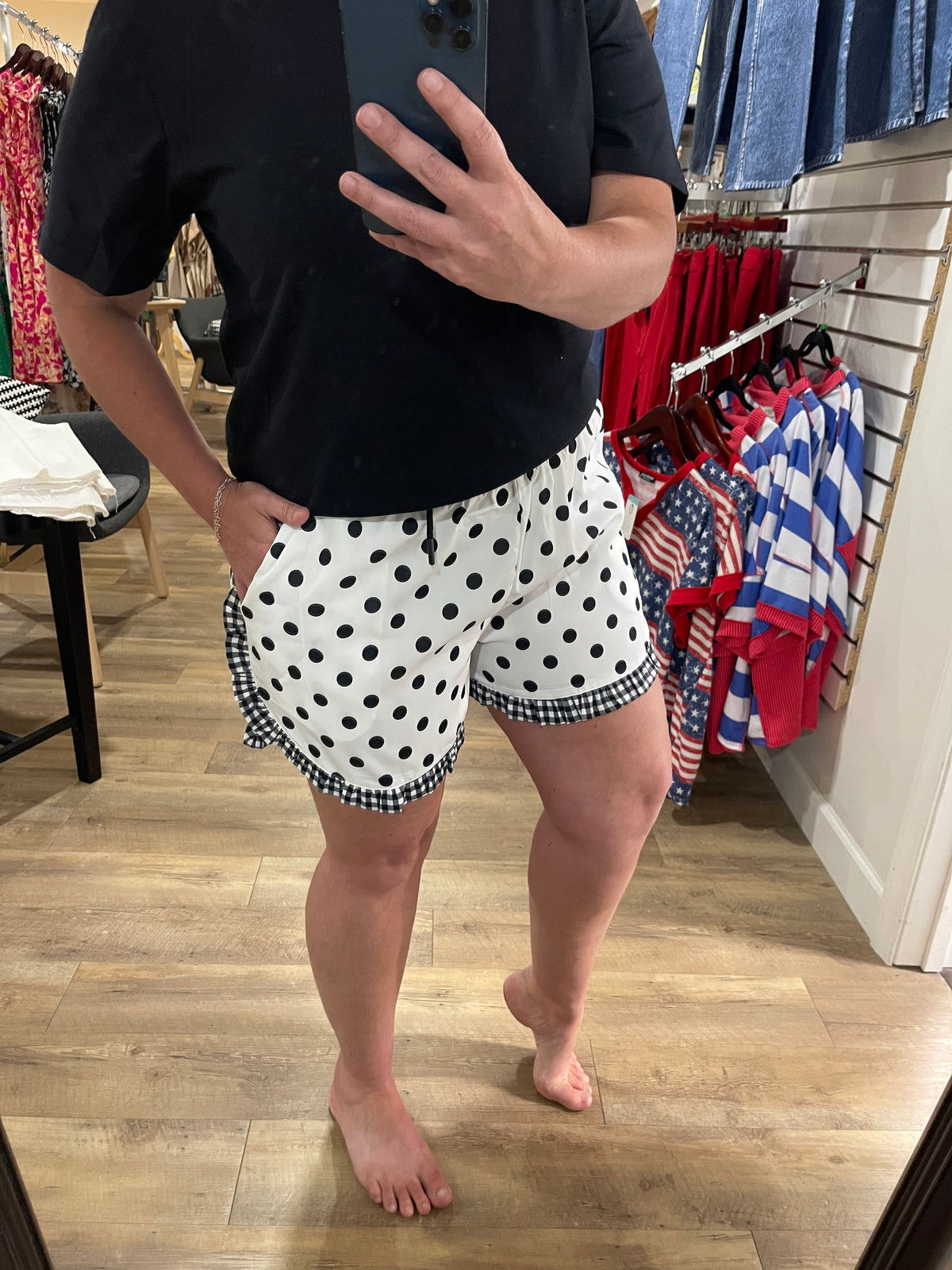WHITE POLKADOT/GINGHAM TRIM DRAWSTRING SHORT