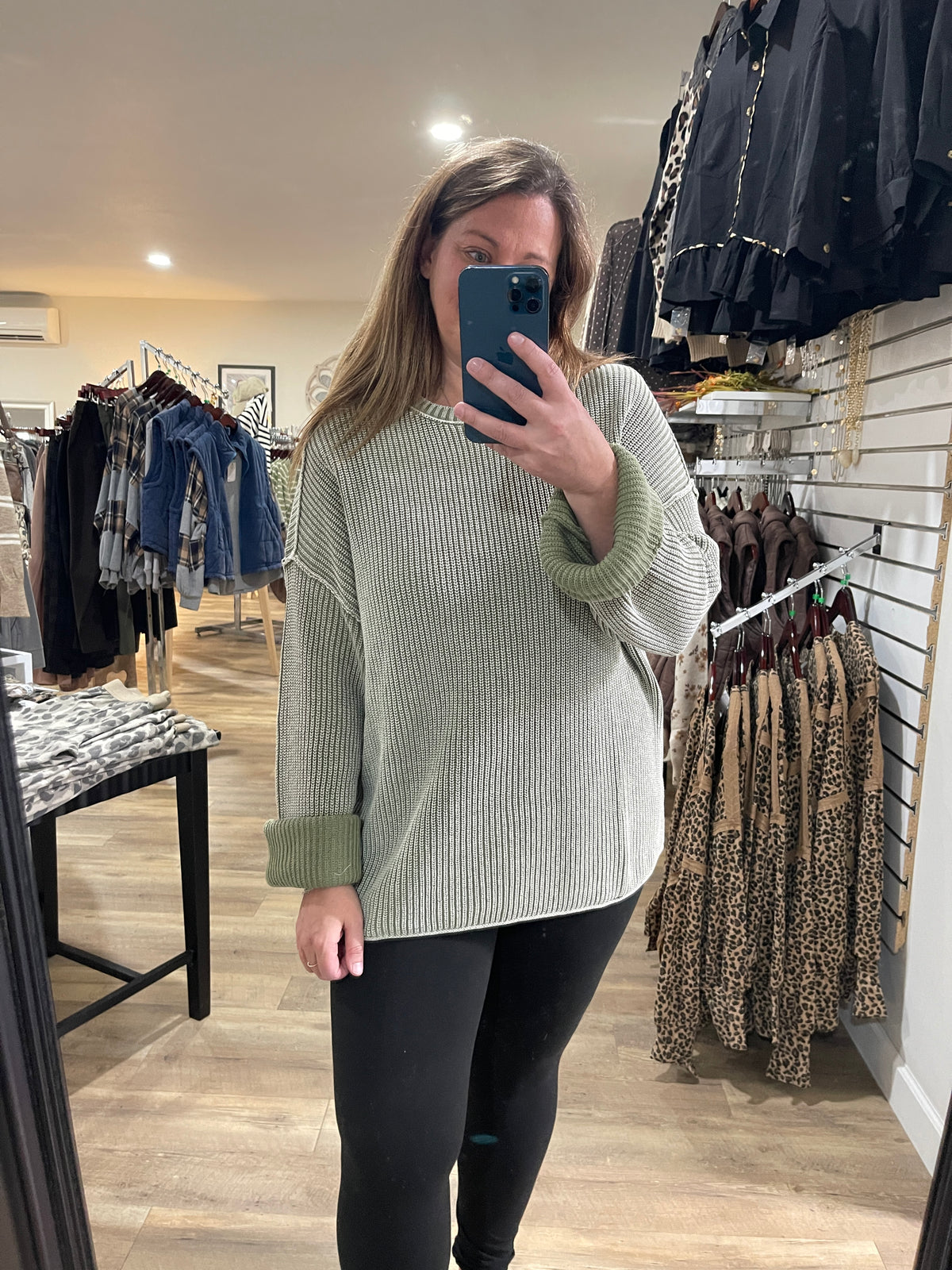 Light Olive Washed Ribbed Long Sleeve Folded Cuff Knit Sweater