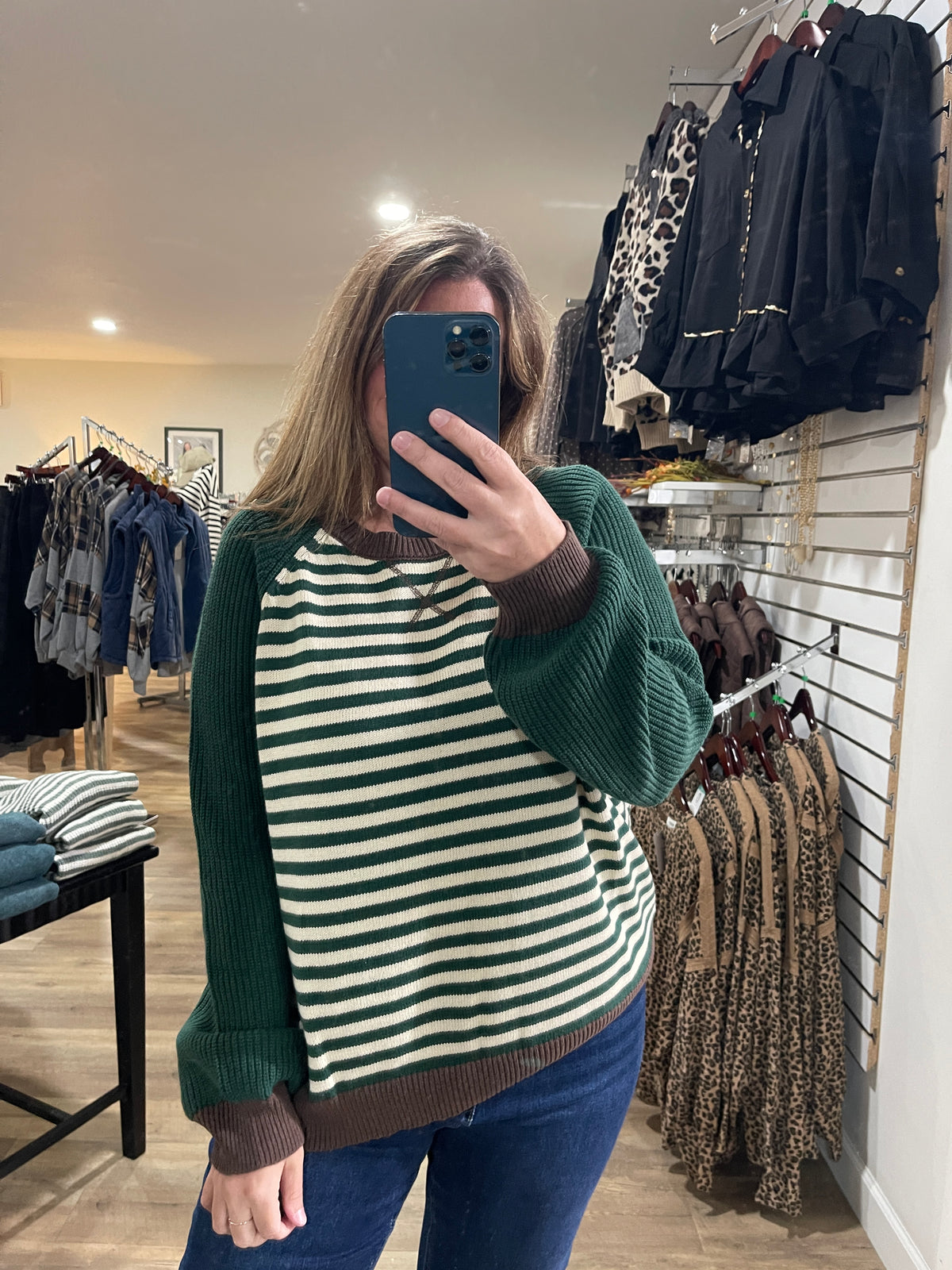 HUNTER GREEN Striped Colorblock Raglan Long Sleeve Crew Sweater