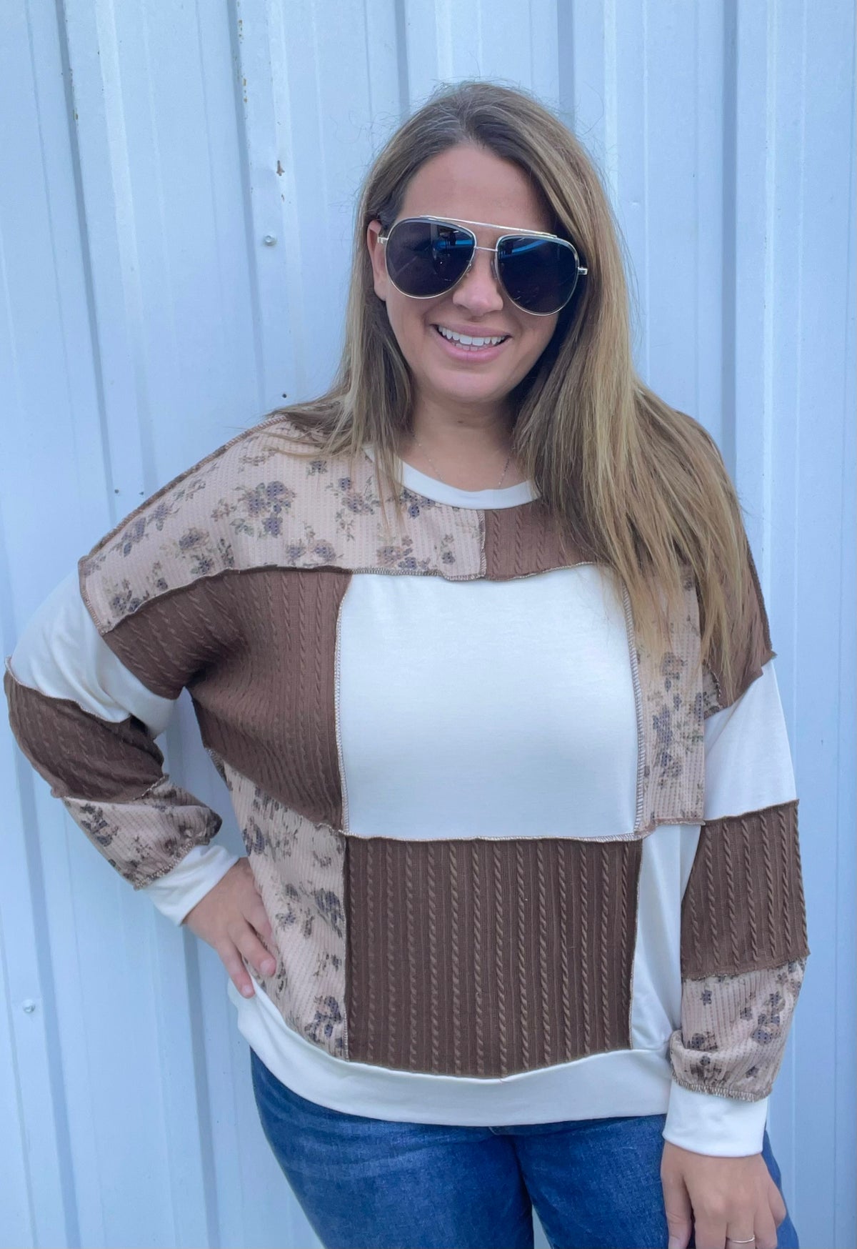 OTMEAL/TAUPE/BROWN Round Neck Bubble Long Sleeve Solid French Terry, Floral Print And Cable Knit