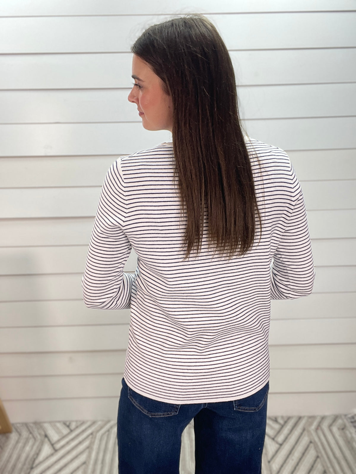 IVORY/NAVY Long Sleeve Basic Crew Neck Pinstriped Sweater
