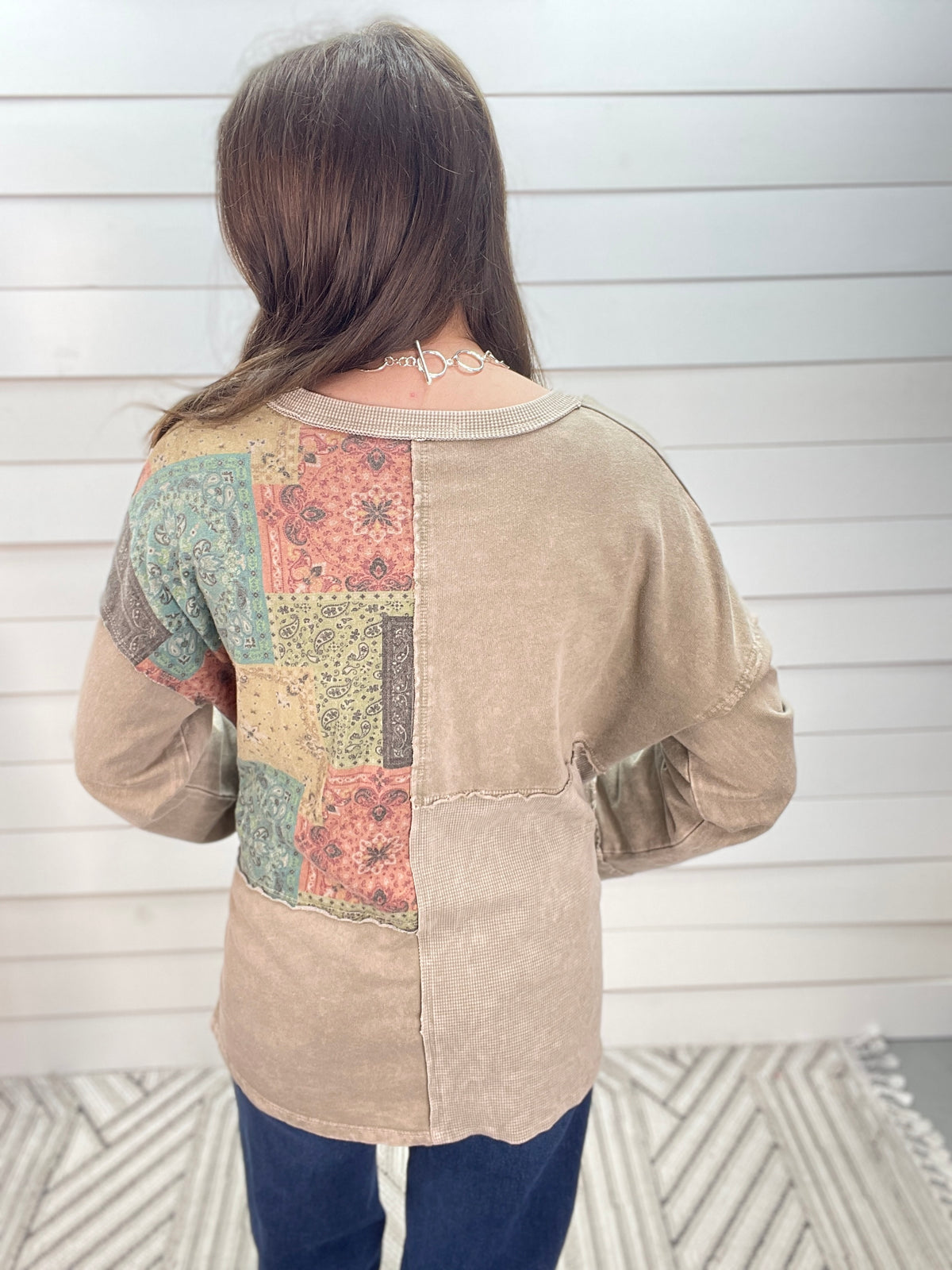 VINTAGE TAUPE Mineral Washed Boho Bandana Thermal V Split Neck Top