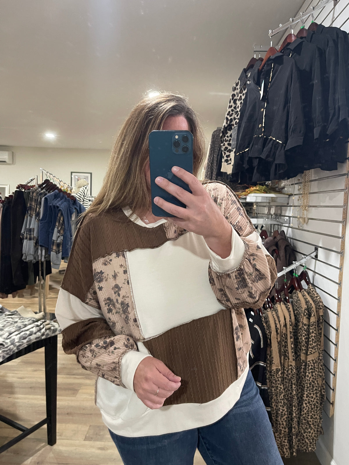 OTMEAL/TAUPE/BROWN Round Neck Bubble Long Sleeve Solid French Terry, Floral Print And Cable Knit