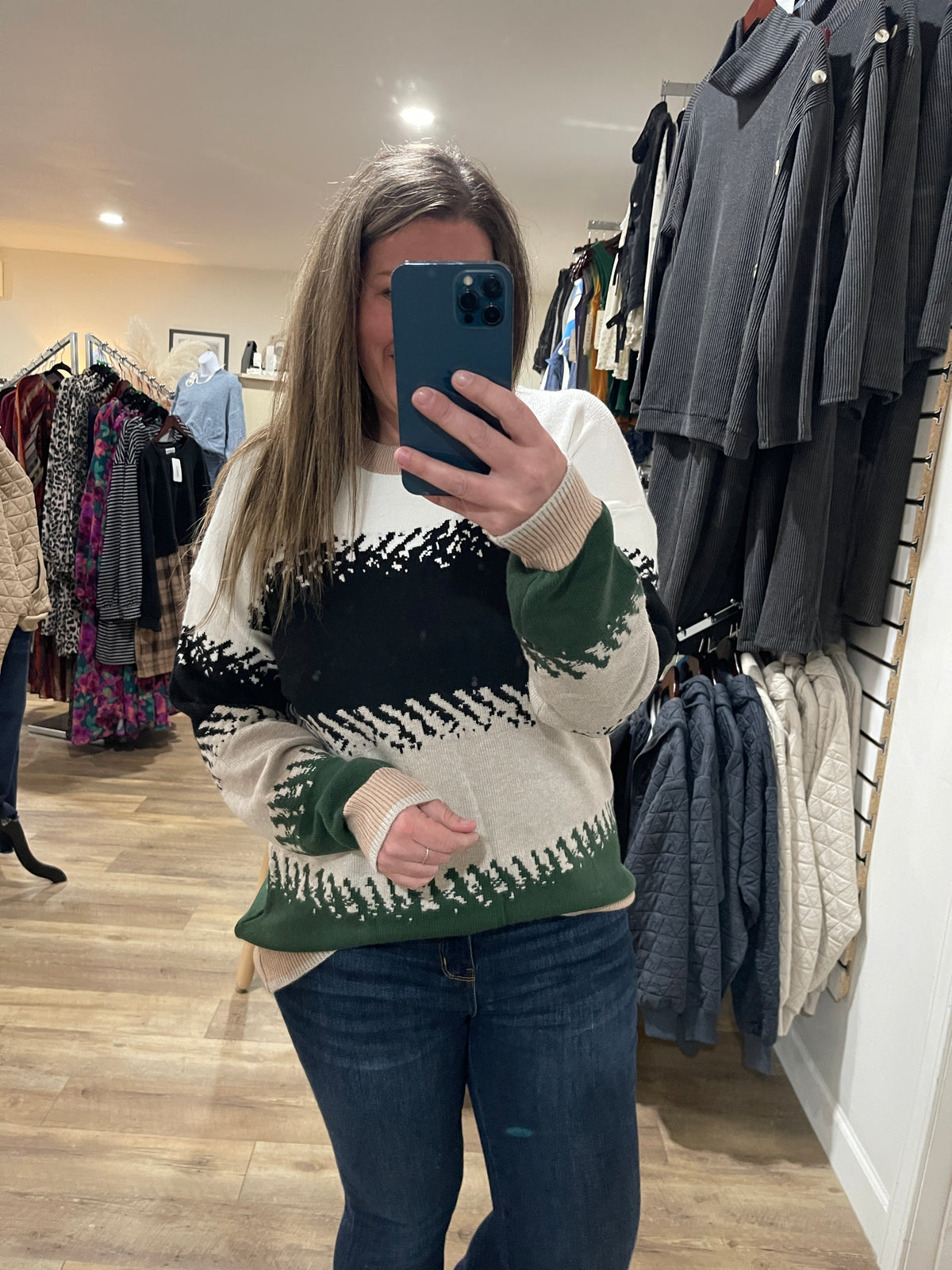 CREAM/BLACK/TAUPE/GREEN COLORBLOCK KNIT PULLOVER SWEATER