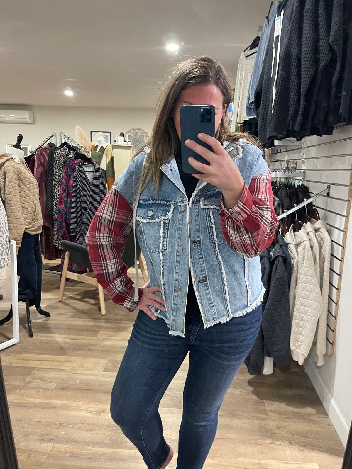 DENIM JACKET W/ PLAID SLEEVES AND REMOVEABLE HOOD